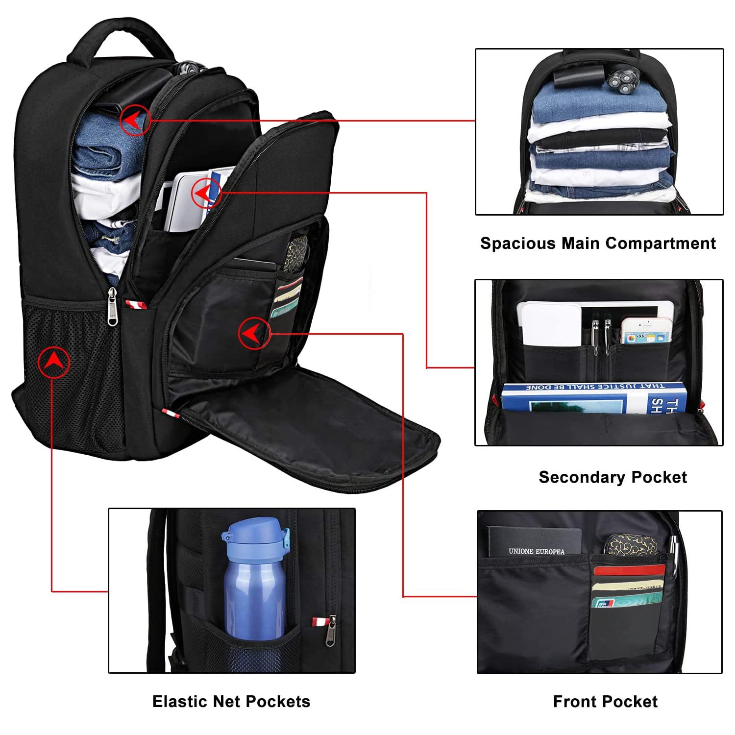 Travel Laptop Backpack, Black Backpack for Men and Women with USB Slit Business Computer Back Pack (Black, 15.6 Inch)