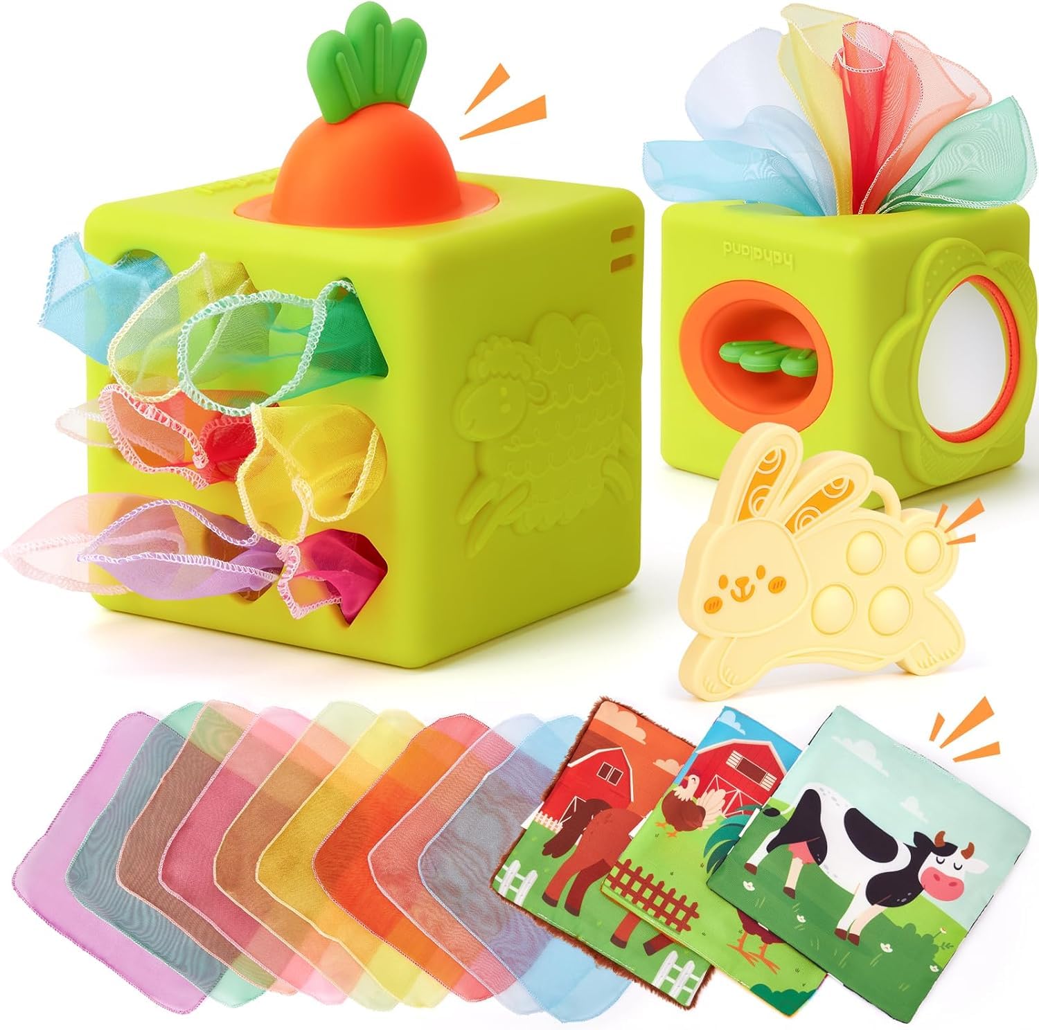 hahaland Baby Tissue Box Toy - Silicone Baby Toys 6-12 Months Montessori Toys for 6 Month Old, 6-in-1 Soft Busy Activity Cube with Scarves, Crinkle, Textures, Mirror, Sensory Popper, Stocking Stuffers