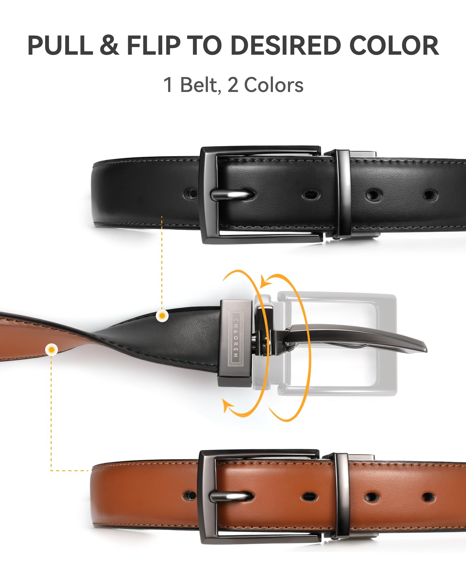 CHAOREN Reversible Belt Men 1 Piece - 1.25" Mens Belts Leather for Dress Pants - One Belt, Two Colors