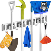 reliahom Broom Holder Wall Mount Mop and Broom Hanger Wall Mounted Garage Storage Rack Kitchen Garden Tool Organizer (4 Racks with 5 Hooks, Silver)
