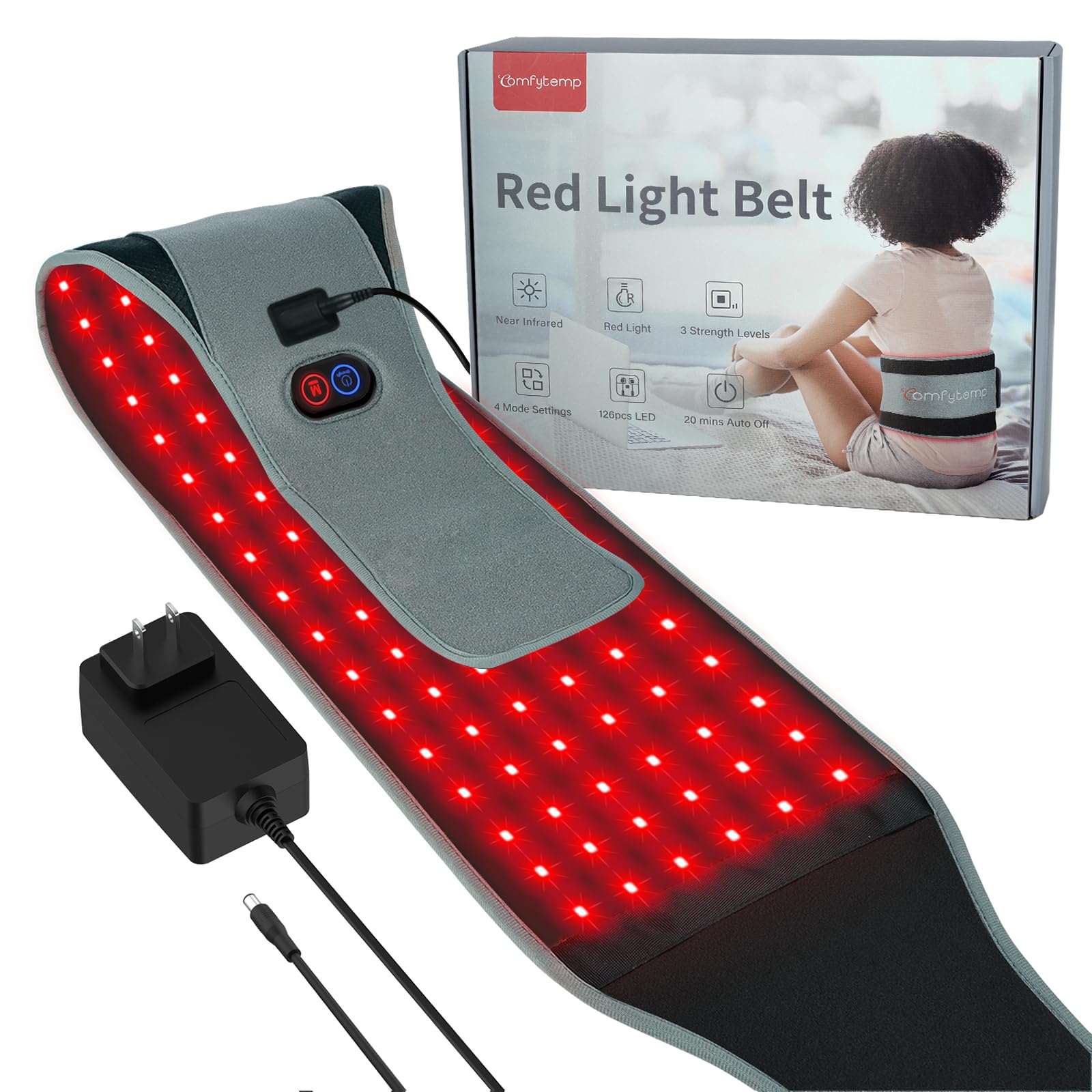 Comfytemp Red Light Therapy Belt with 126 LEDs, Infrared Red Light Therapy for Body, 660nm & 850nm, 22W Light Wrap with Timer for Back Waist Belly Joint Muscle Pain Relief(Corded)