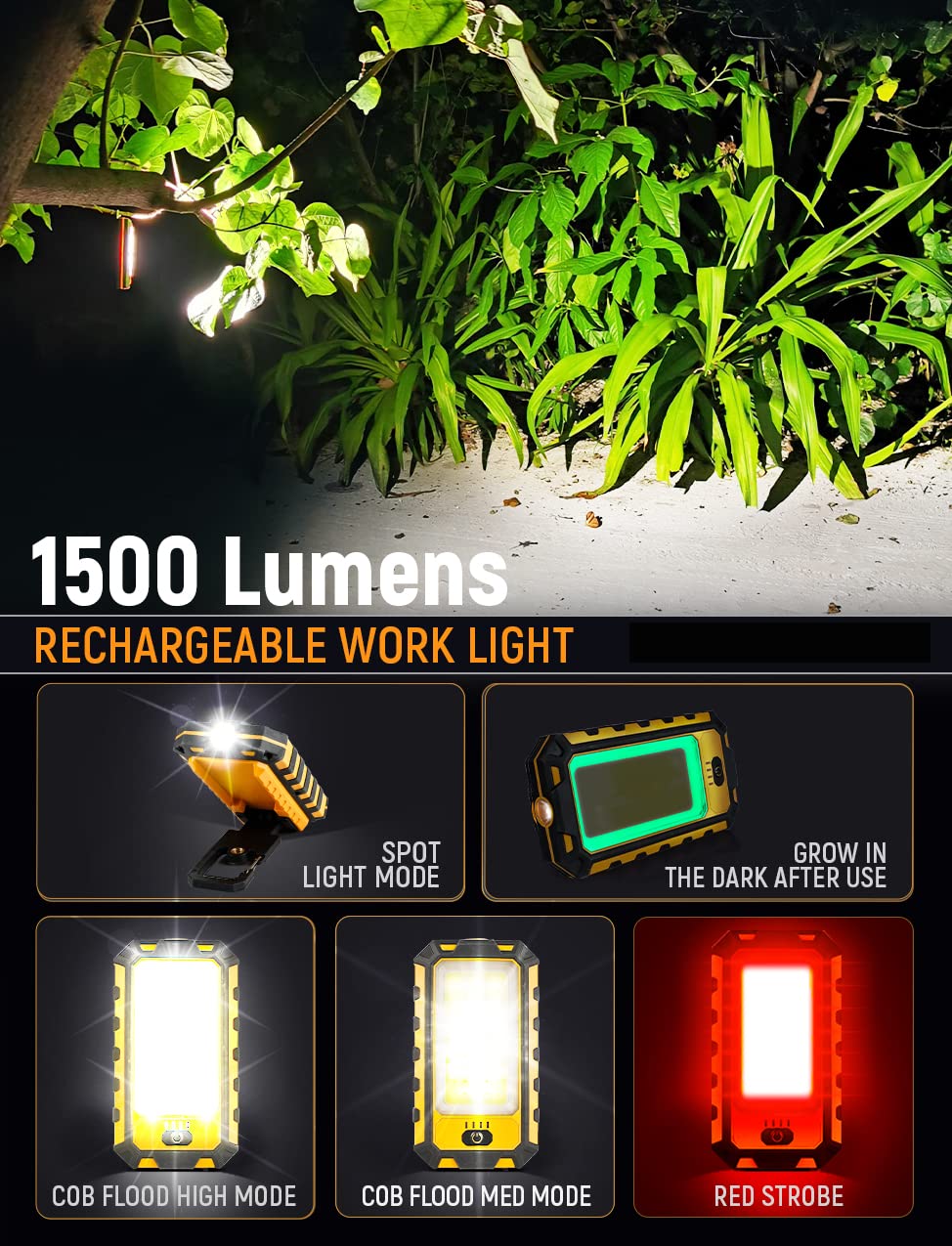 innofox LED Rechargeable Magnetic Work Light 40W 1500Lumens, Hanging Hook 4 Lighting Modes, Job Site Lighting for Car Repairing, Camping, Hunting, and Hurricane (2, Orange)
