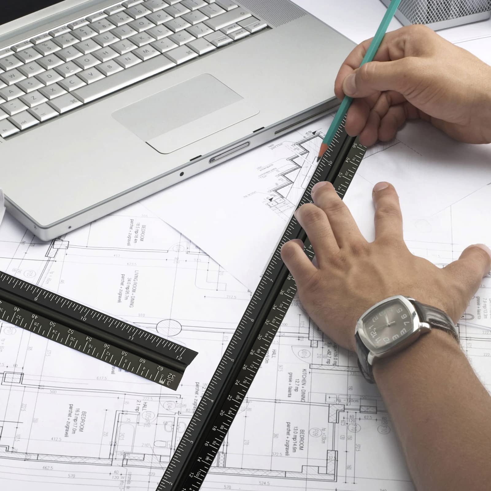 Architectural Scale Ruler for Blueprint, 12'' Metric Metal Engineers Triangle Drafting Ruler with Imperial Measurements for Architects Engineering, Artists, Draftsman Drawing, Laser-Etched Markings