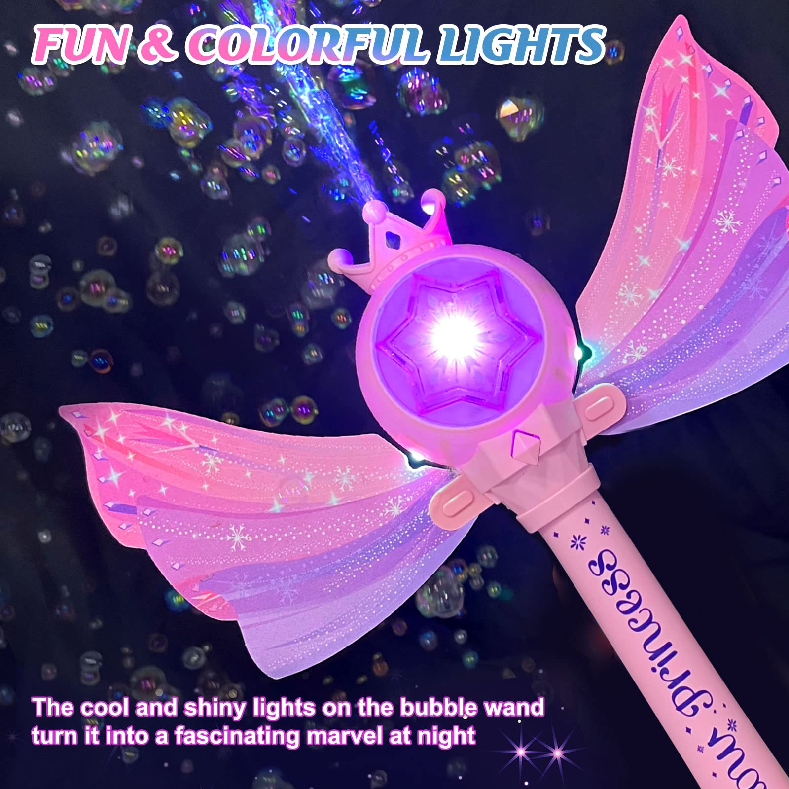 Britik Bubble Wands for Kids Girls - LED Light & Music Bubble Machine: 3 AA Batteries & 2 Bubble Solutions, Outdoor Party Birthday Toys for Toddlers, Gift for 3 4 5 6 7 8 Year Old Girls