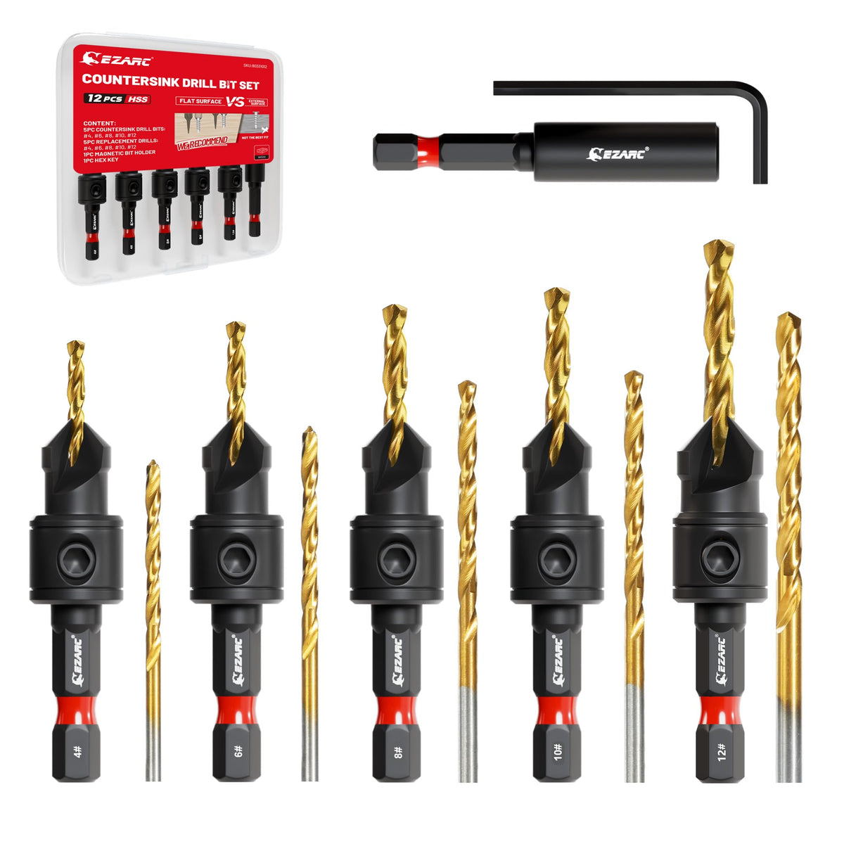 EZARC Countersink Drill Bit Set, 12 PCS Counter Sink Drill Bit Adjustable, #4, #6, #8, #10, #12, Magnetic Extension bit Holder for Woodworking with Storage Box