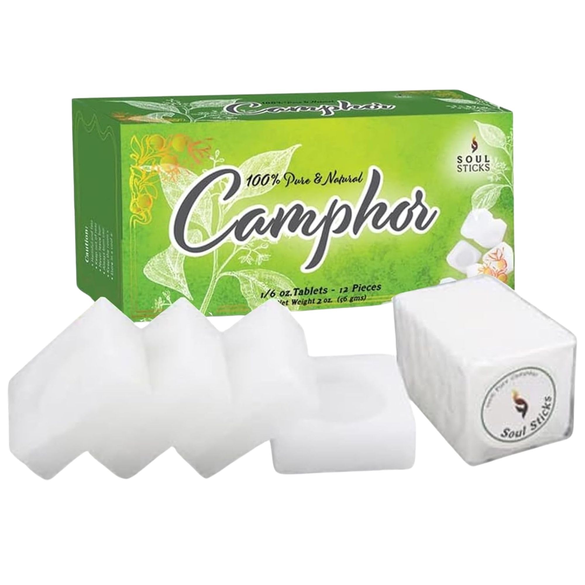 SOUL STICKS Natural Camphor Blocks,Pure Camphor Tablets for Aromatherapy & Puja - Alcanfor en Bloques, Alcanfor en Bolitas, Kapoor for Pooja (56 Grams (12 Tablets))