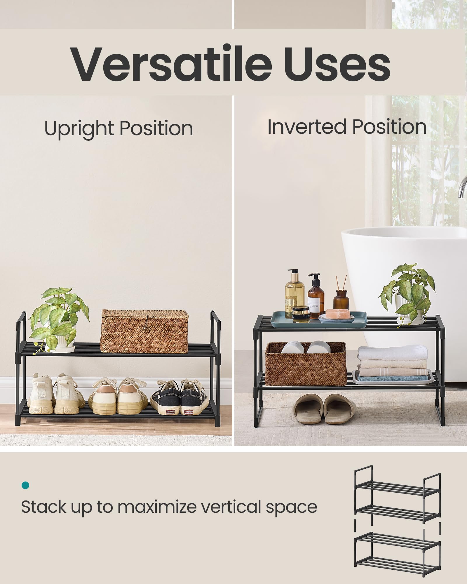SONGMICS Shoe Rack, 2-Tier Shoe Organizer, Metal Storage Shelf, Upright or Upside Down, for 6-9 Pairs, Stackable, for Entryway, 11.8 x 26.8 x 13.2 Inches, Black ULSA202B01