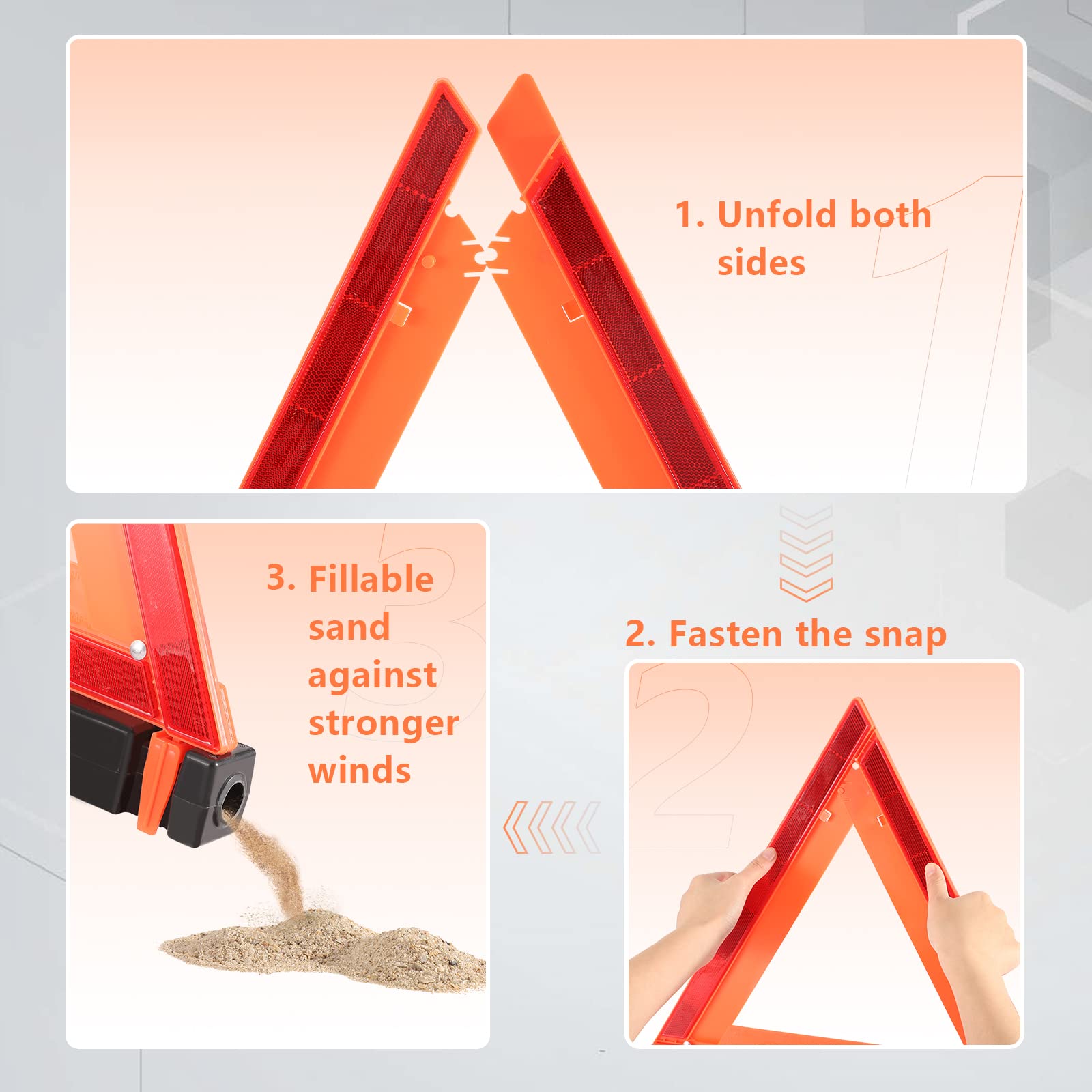 WORKKOOL Safety Triangles DOT Approved, Standard Warning Triangles Enmergency Reflector, Emergency Triangles for Vehicles with Carry Case(3 Pack,Without Sand)