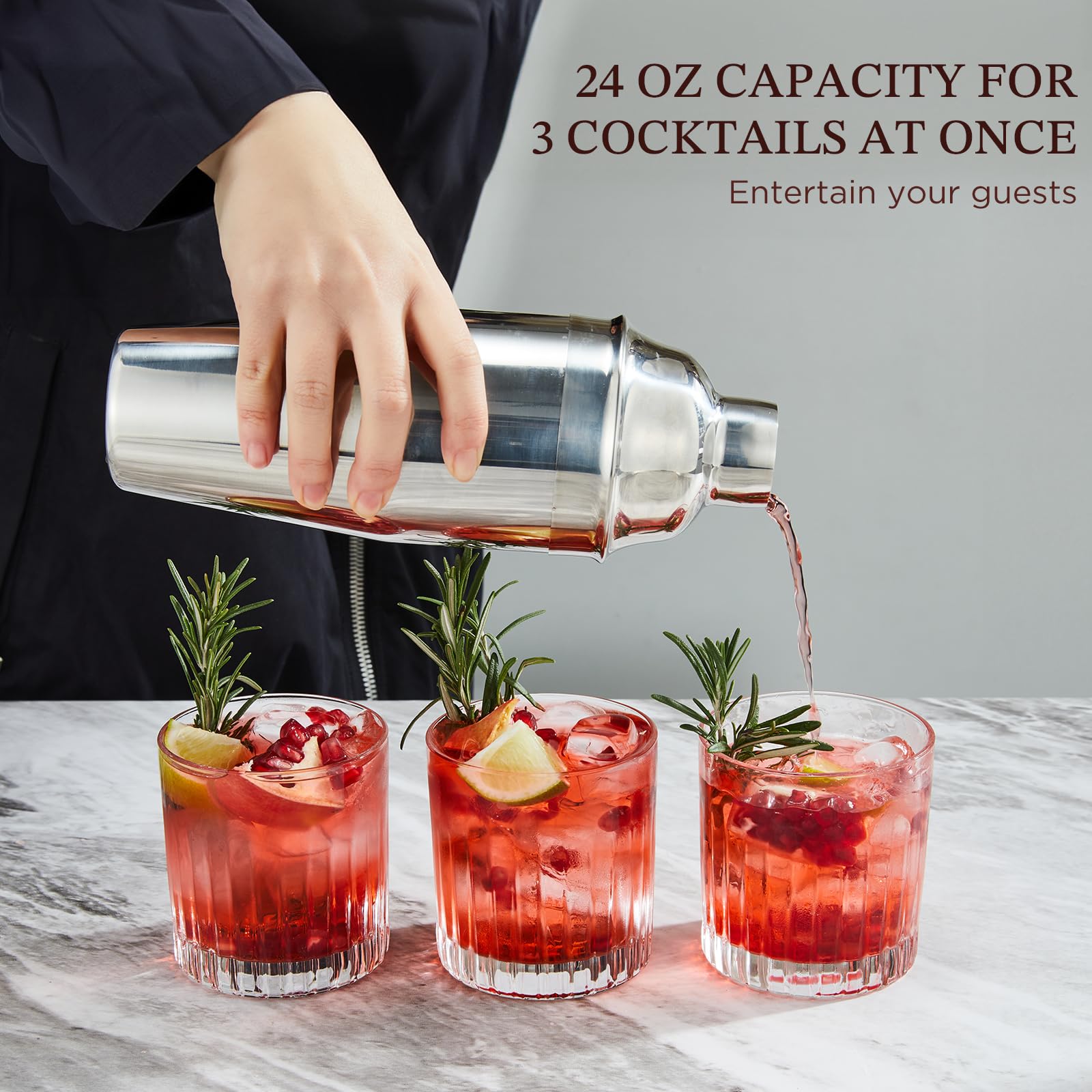 Cocktail Shaker, KITESSENSU 24oz Drink Shaker with Bartender Strainer, Measuring Jigger, Bar Mixing Spoon, Cocktail Recipe Guide, Professional Drink Mixer Set for Beginners, Silver