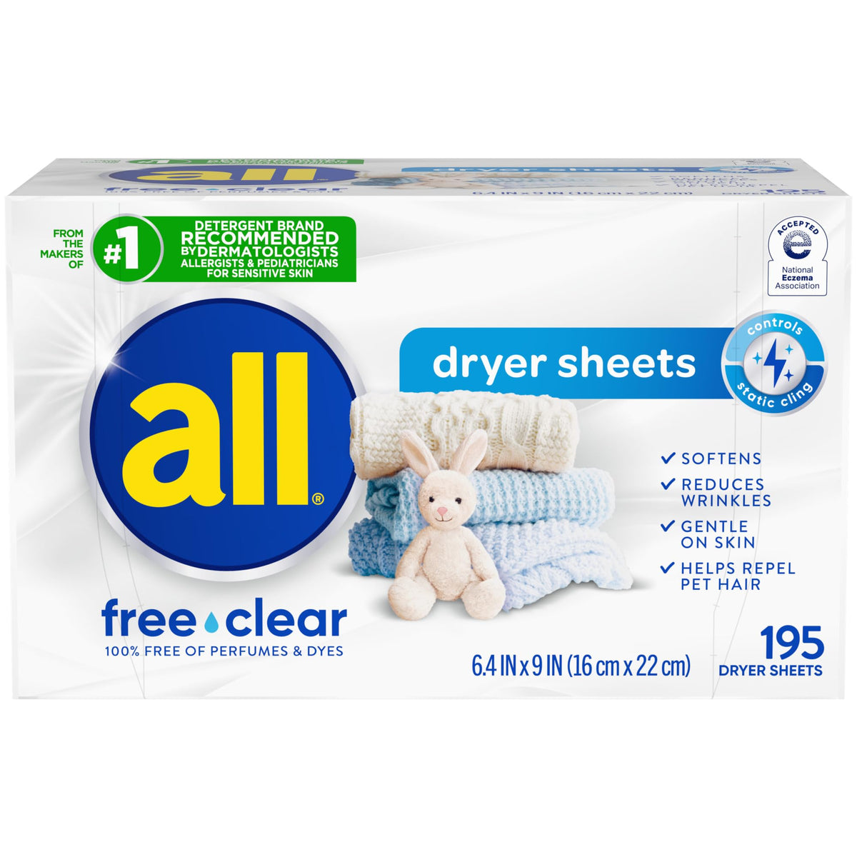مناديل التجفيف all Fabric Softener للملابس الحساسة، خالية من المواد المسببة للحساسية، 195 منديل