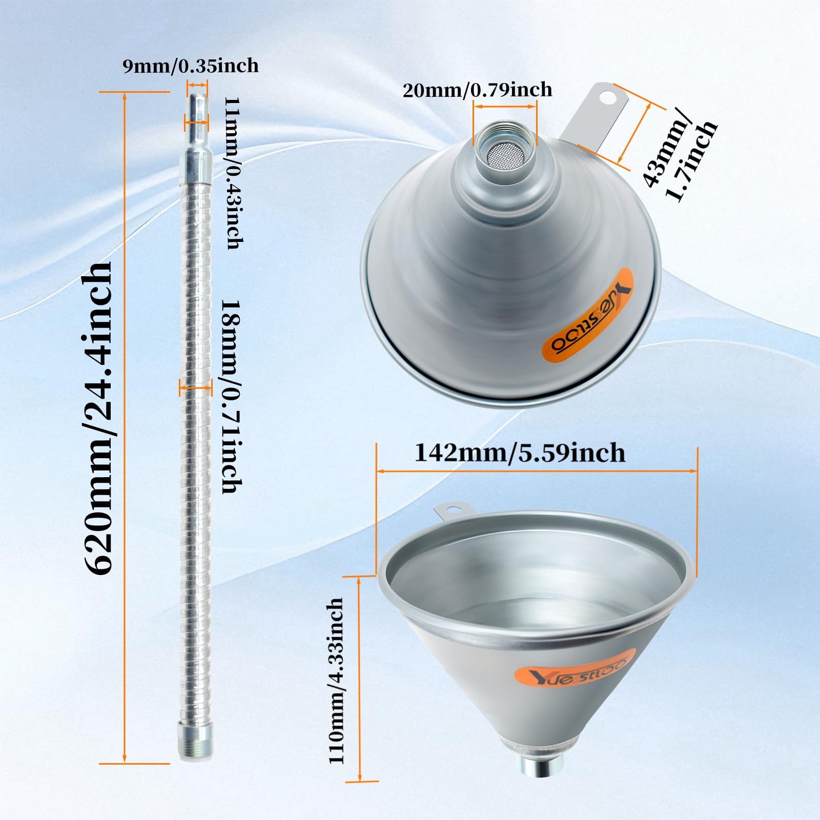 Yuesstloo 24.4" Steel Bendable Spout Funnel with Filter for All Automotive Oils, Metal Flexible Long Funnels for Automotive Use for Transmission Fluid, Diesel Fuel, and Other Liquids, with Gloves