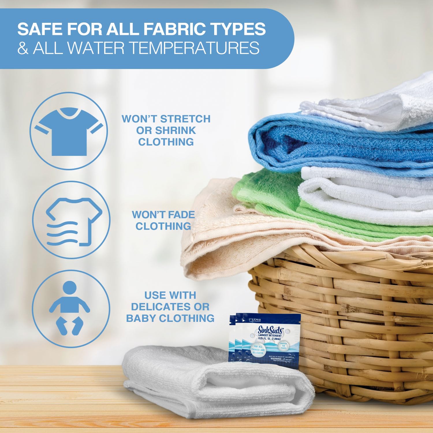 SinkSuds Laundry Detergent Travel Size Liquid Soap TSA Compliant Safe for All Fabrics 6 Packets & 1 Sink Stopper