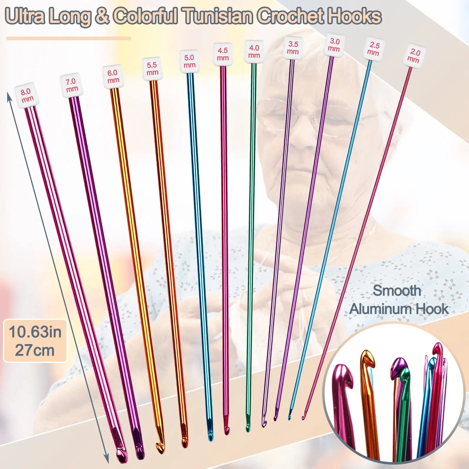 Coopay Long Crochet Hook Set, 11pcs Tunisian Multicolor Afghan Crochet Needles for Crocheting, 2mm(B)-8mm(L), Great Knitting & Crochet Supplies Tool for Beginner, Crocheter & Knitter