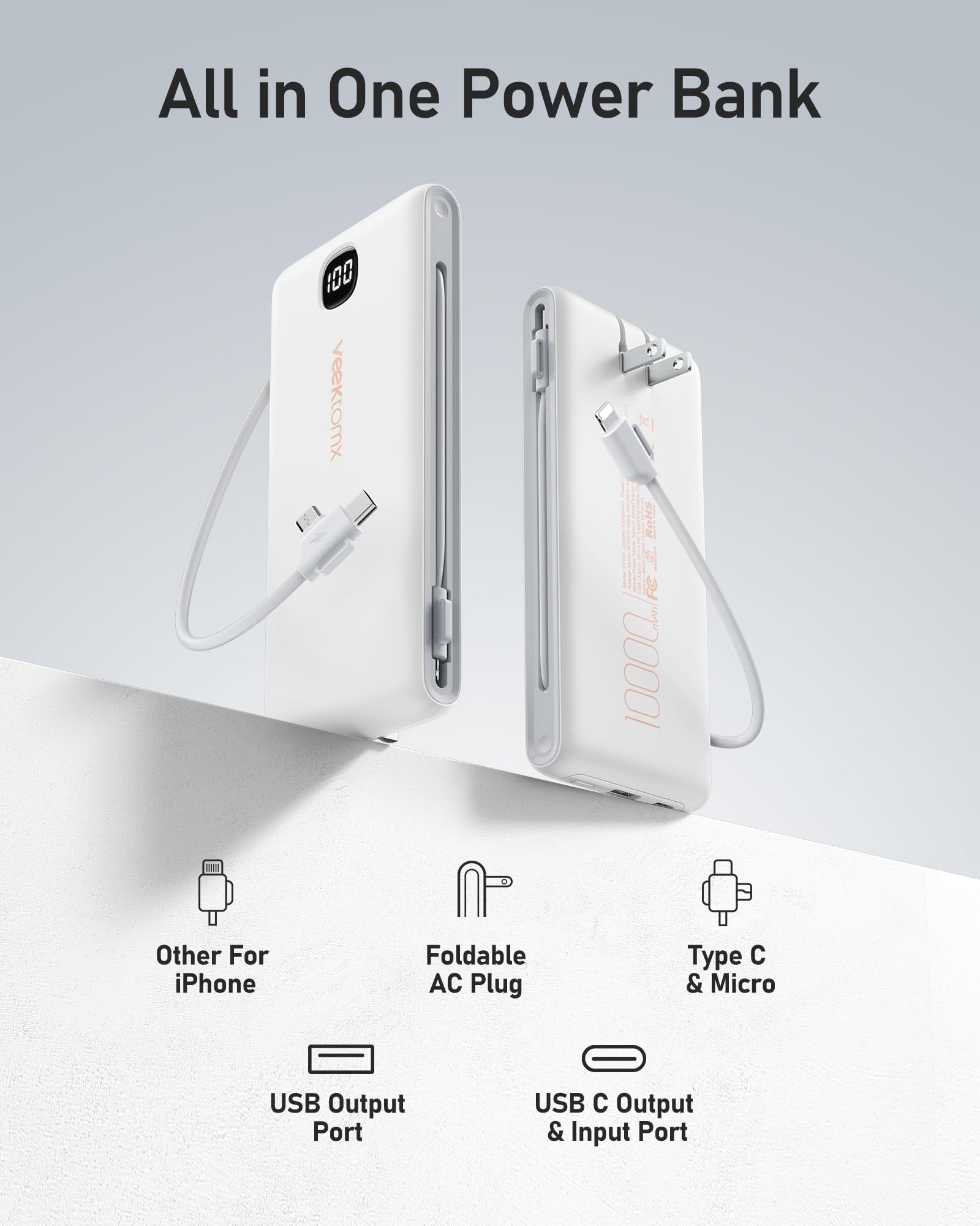 VEEKTOMX Portable Charger with Built in Cables 10000mAh, Power Bank for iPhone with Wall Plug, Travel Essential Fast Charging USB C Slim External Battery Pack for iPhone16/15/14, Samsung, iPad, etc