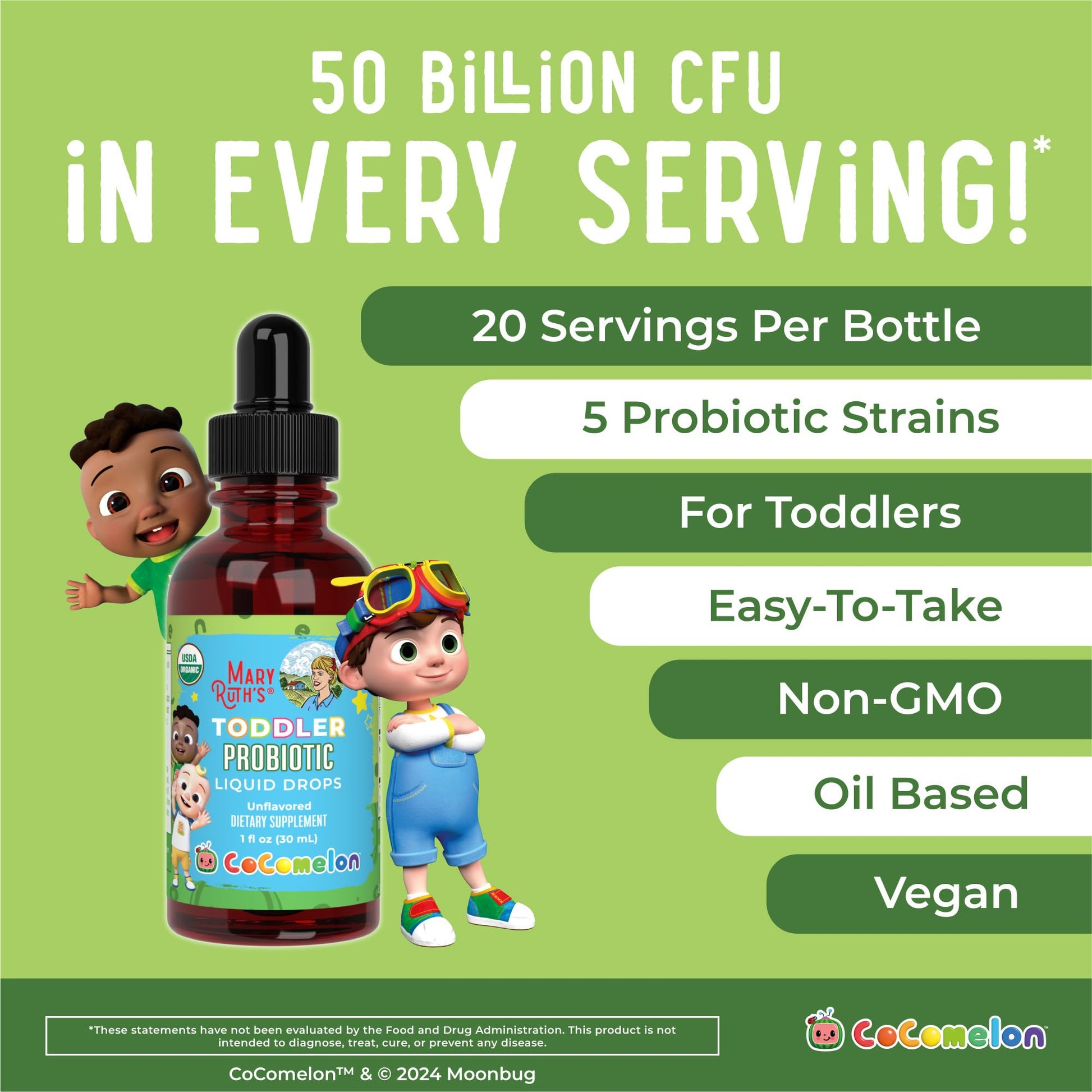 MaryRuth Organics Cocomelon Toddler Probiotic Liquid Drops | Kids Probiotics for Ages 1-3 | 5 Probiotic Strains | 150 Billion CFU Per Serving | USDA Organic | Sugar Free | Gluten Free | 1 Fl Oz