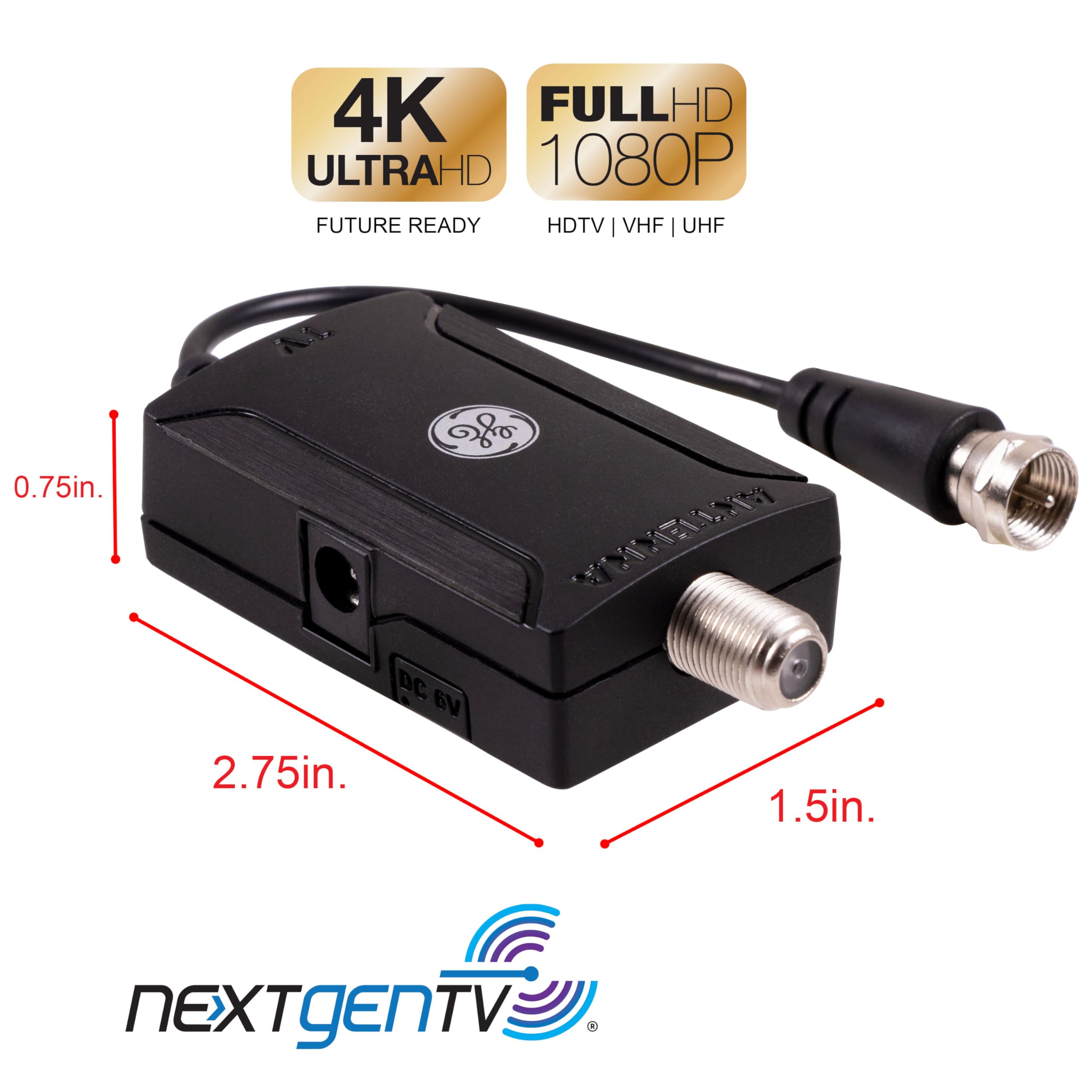GE Indoor TV Antenna Amplifier, Antenna Signal Booster, HD TV Digital VHF UHF, Low Noise, AC Power Adapter, Black, 42178