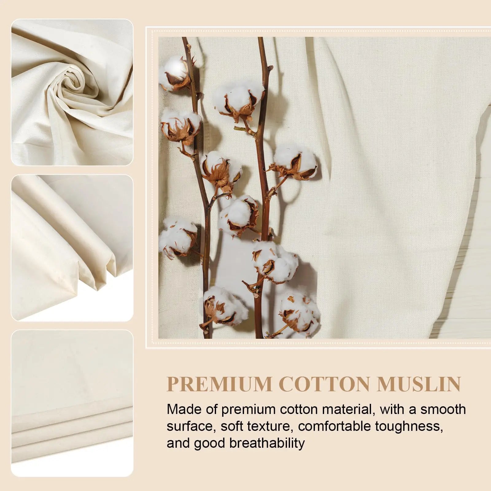 PEASUG 100% Cotton Muslin Fabric, 63 Inch X 2 Yards Unbleached Muslin Linen Fabric by The Yard, Medium Weight Draping Fabrics Suitable for Sewing Embroidery, Garments, Crafts Material-Natural