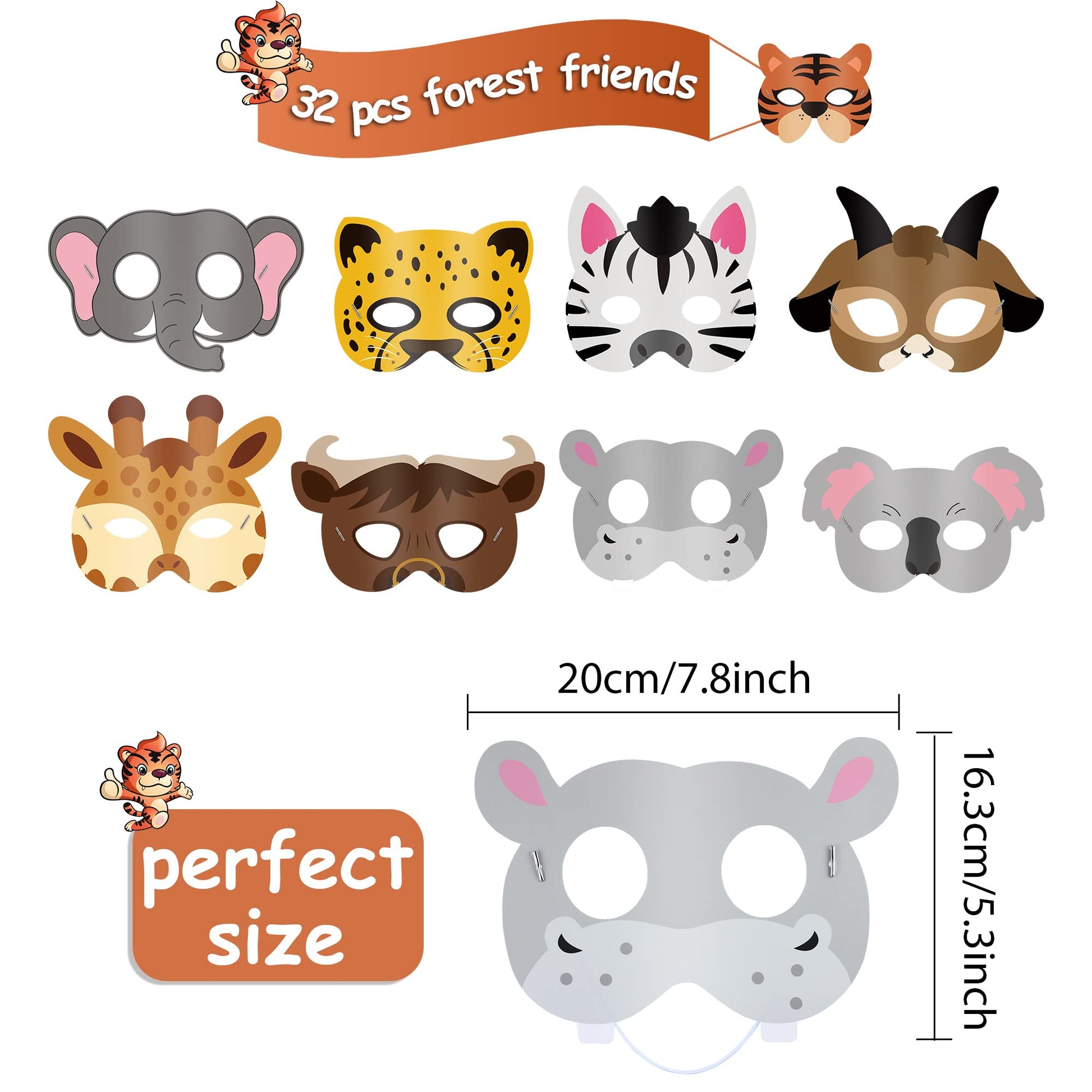 Blulu 16 Pcs Safari Animal Masks for Kids Jungle Zoo Animals Cartoon Masks for Woodland Animal Theme Birthday Party Decorations