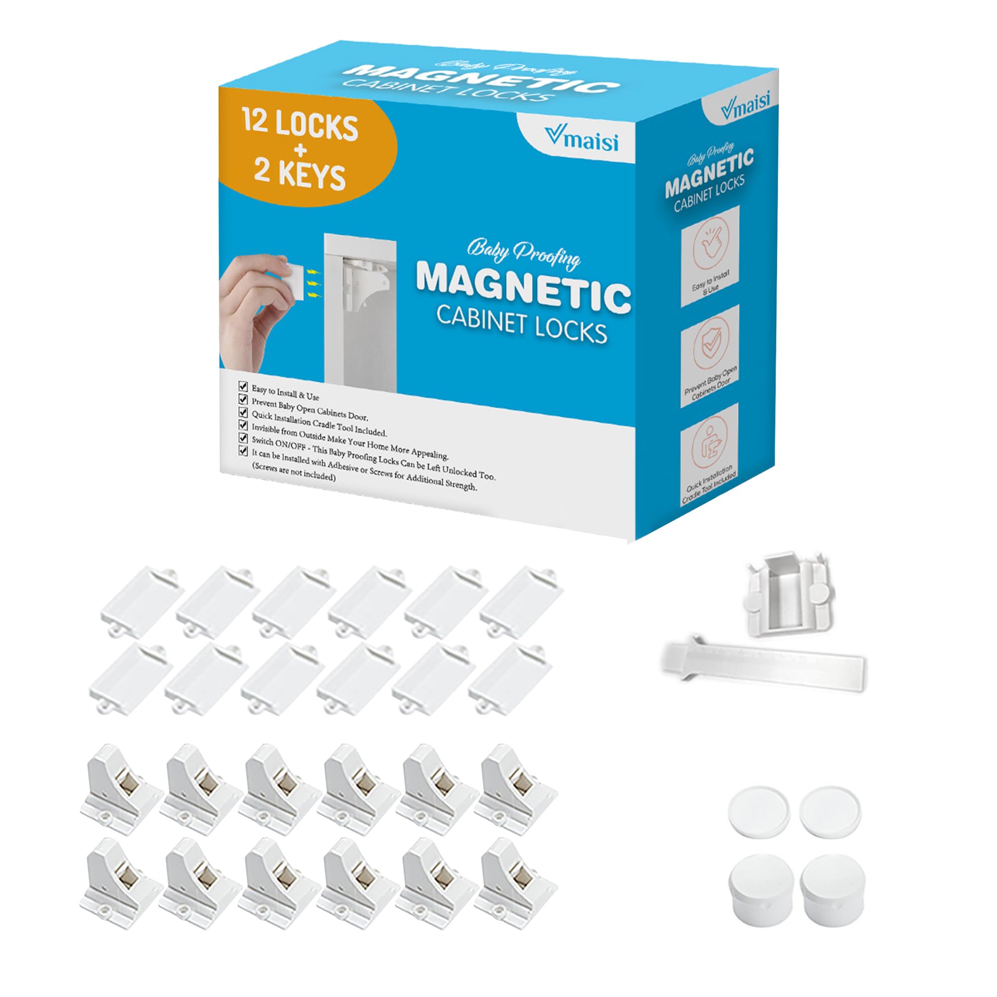 Vmaisi Selbstklebende magnetische Schrankschlösser (12 Schlösser und 2 Schlüssel)