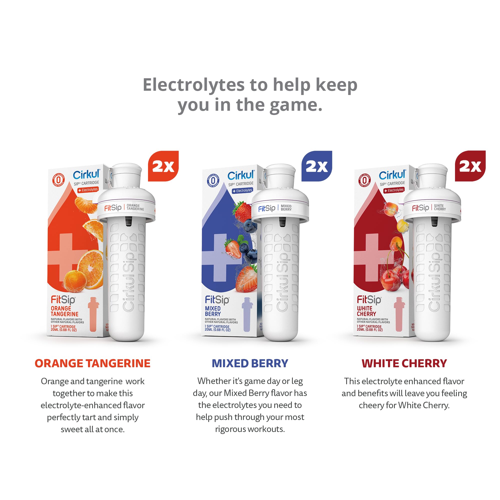 Cirkul FitSip Electrolytes Flavor Water Variety Pack, Makes 36 Drinks, No Sugar, Zero Calorie Drink Mix, (2 Mixed Berry, 2 White Cherry, 2 Orange Tangerine)