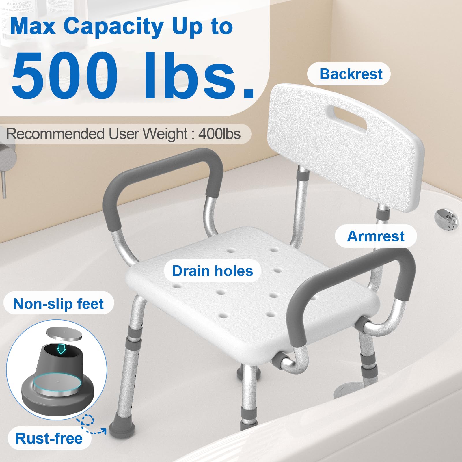 HOMLAND Shower Chair for Inside Shower with Arms and Back, 500 lbs Heavy Duty Shower Seat for Bathtub, Height Adjustable Safety Bath Seat for Elderly, Adults, Handicap and Disabled