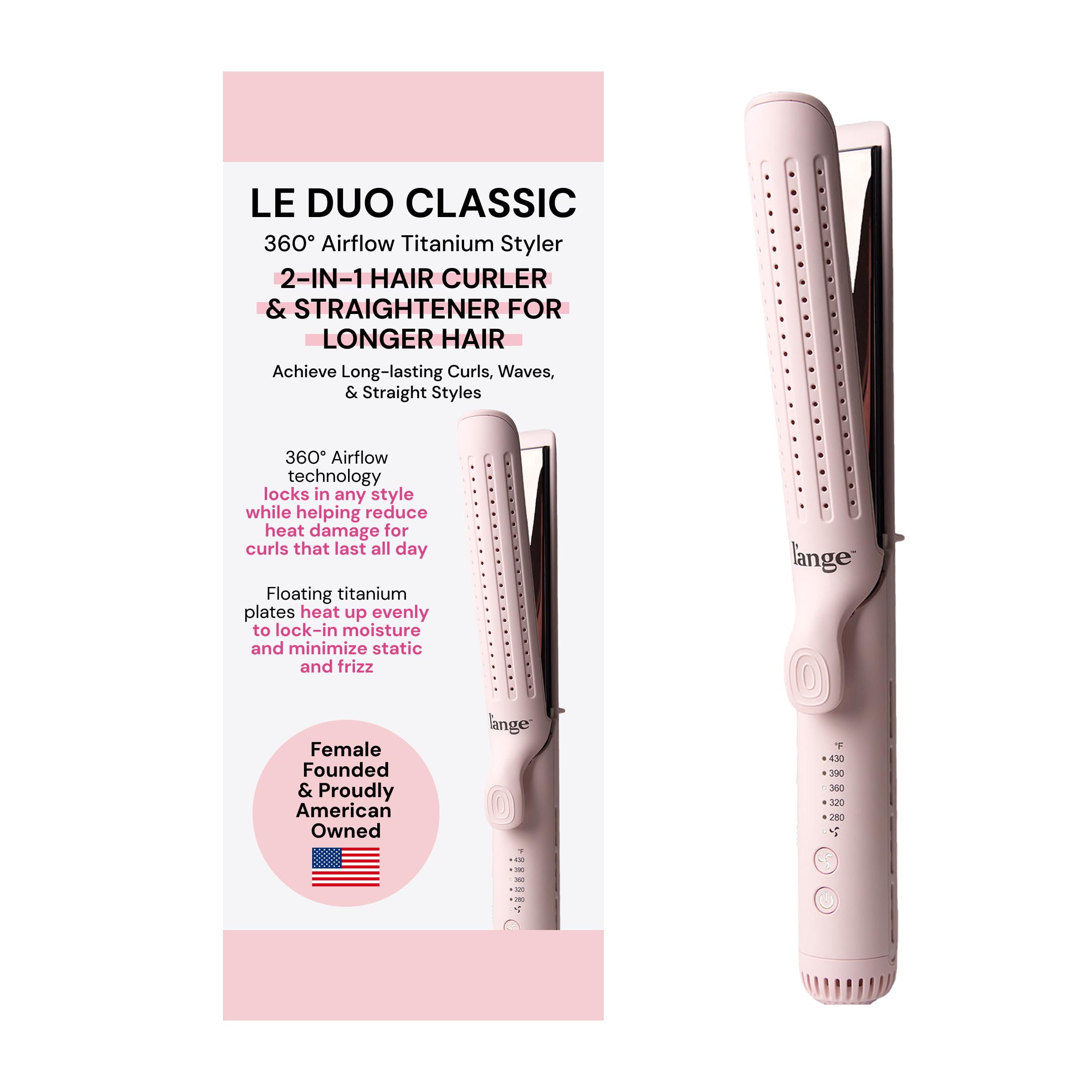L'ANGE HAIR Le Duo Grande 360 degrees Airflow Styler | 2-in-1 Curling Wand & Titanium Flat Iron Professional Hair Straightener and Curler with Cooling Air Vents to Lock in Style (Blush)