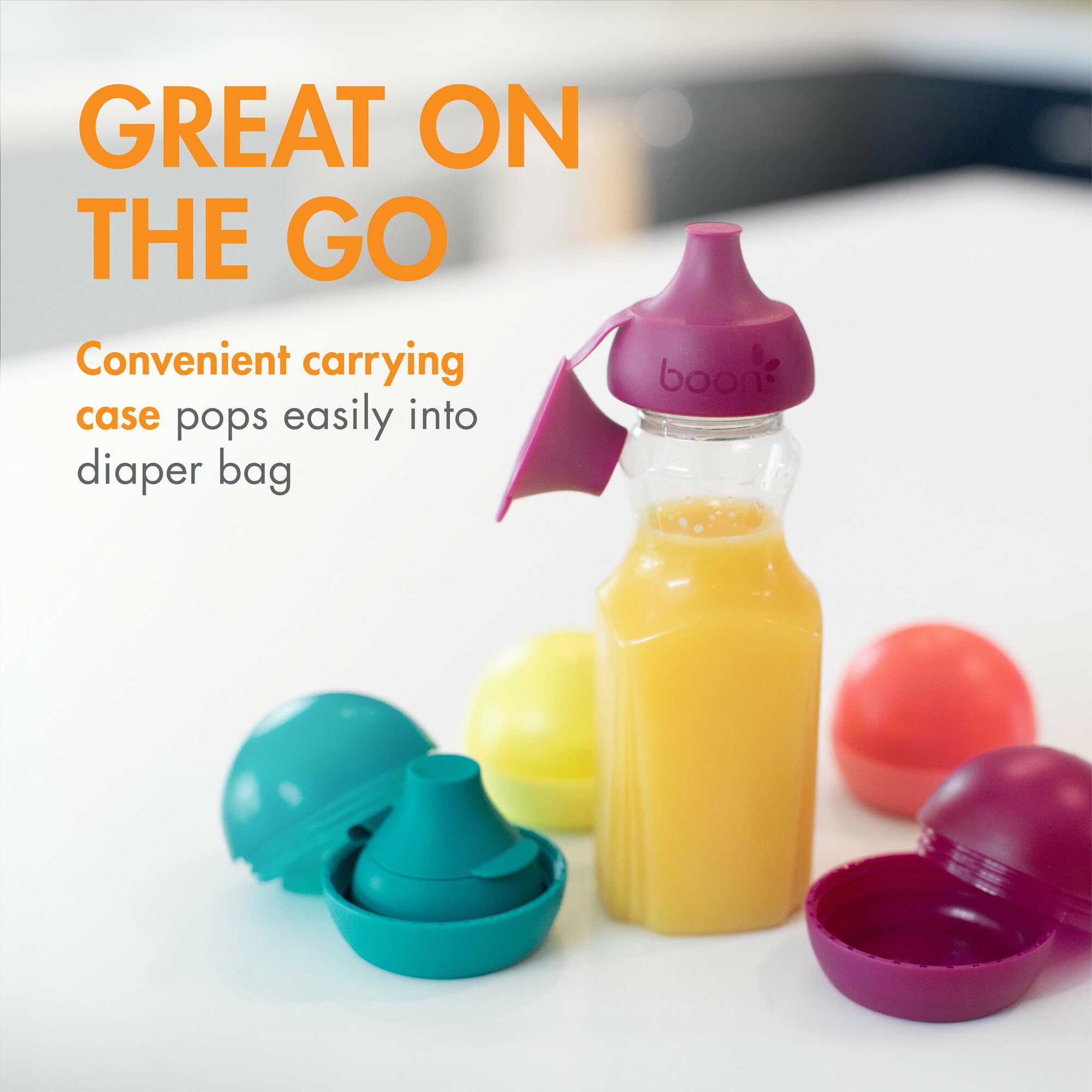 Boon Snug Sip Universal Water and Juice Silicone Bottle Toppers - Soft Spout Conversion Caps with Spill Proof Valves - Silicone Bottle Covers for Travel - Includes 4 Toppers and 4 Cases