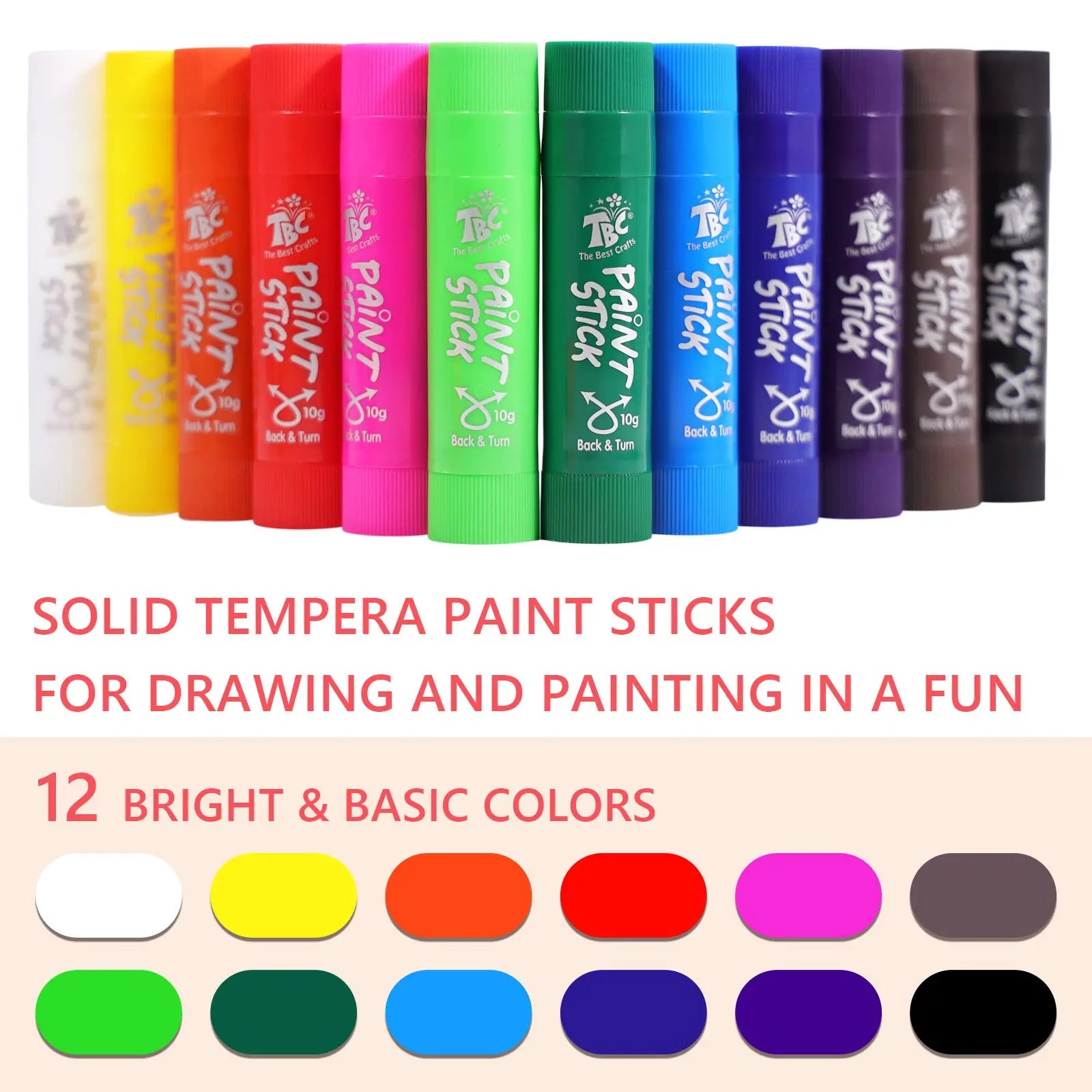 TBC The Best Crafts Paint Sticks,12 Classic Colors, Washable, Non-toxic, Tempera Paint Sticks for Kids and Students