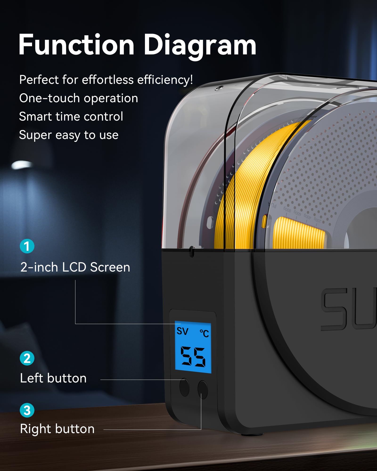 SUNLU Filament Dryer Box for 3D Printer Filament, S1 Plus Filament Dehydrator with Fan Design, Filament Storage can Keep 1.75 2.85 3.00mm PLA PETG ABS Filament Dry During 3D Printing (Black)