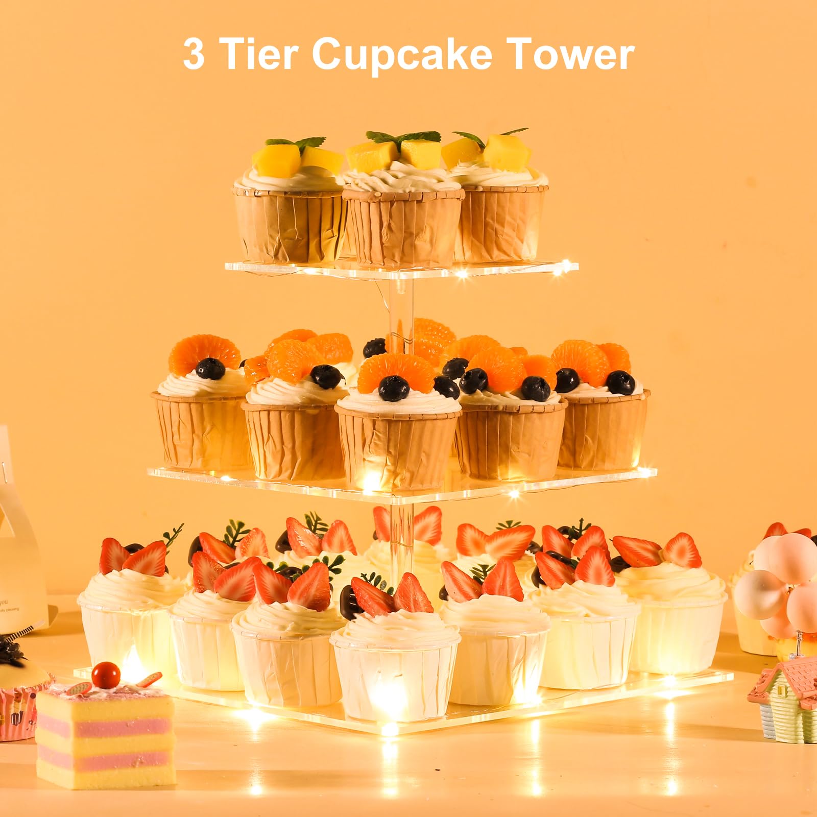 HENABLE 3 Tier Cupcake Stand Cupcake Holder, Acrylic Cupcake Tower with LED Yellow Light for 24 Cupcakes, Dessert Table Display Set for Birthday, Bar, Decor Weddings, Parties Events