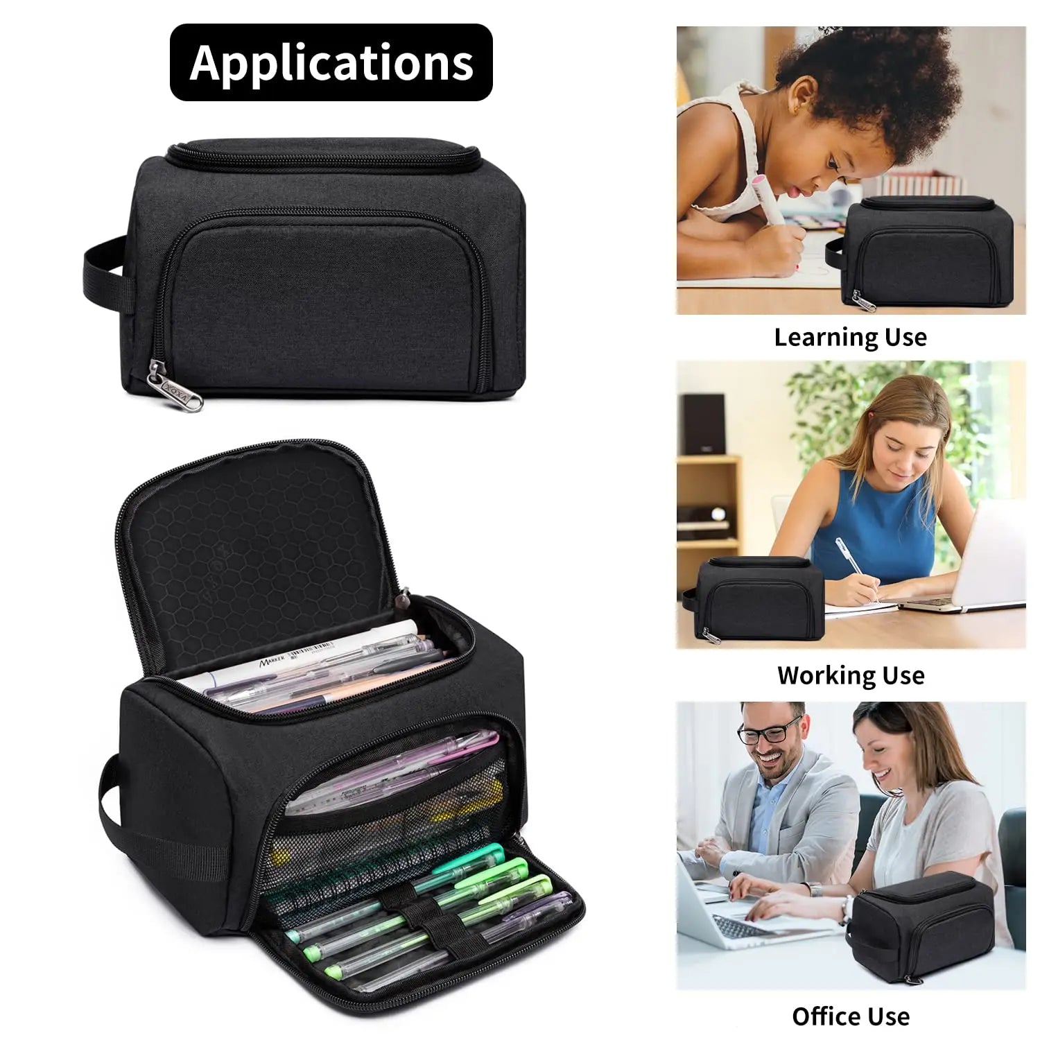 XQXA Large Capacity Pencil Case Organizer, Multifunctional Extra Big Pencil Pouch with Compartmens, Travel Simple Stationery Pen Bag, Fabric Pencil Bag for Men Women Girl Boy (Black)