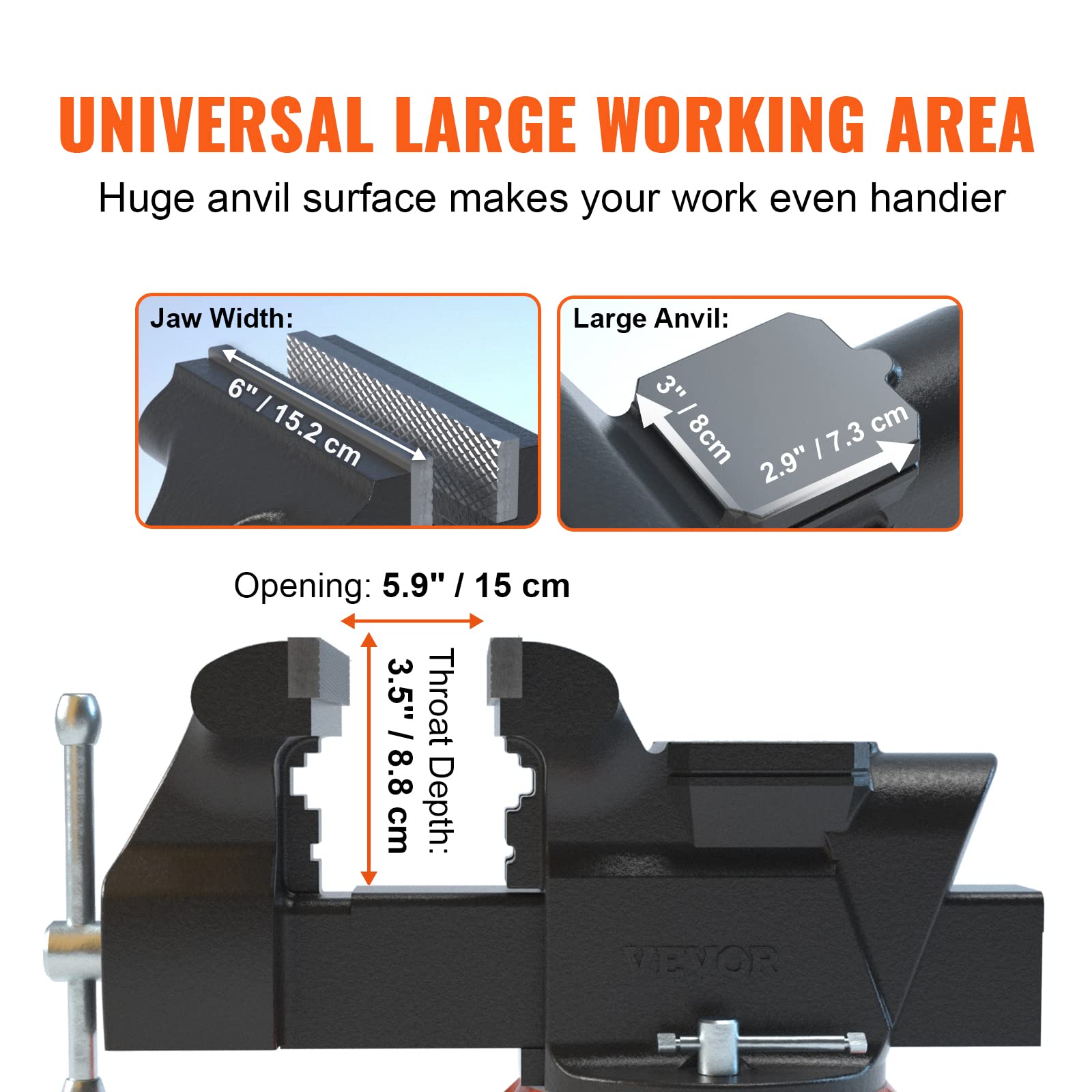 VEVOR Bench Vise, 6-inch Jaw Width 5.9-inch Jaw Opening, 360-Degree Swivel Locking Base Multipurpose Vise w/Anvil, Heavy Duty Ductile Iron Workbench Vise w/Bolts & Nuts, for Drilling, Pipe Cutting