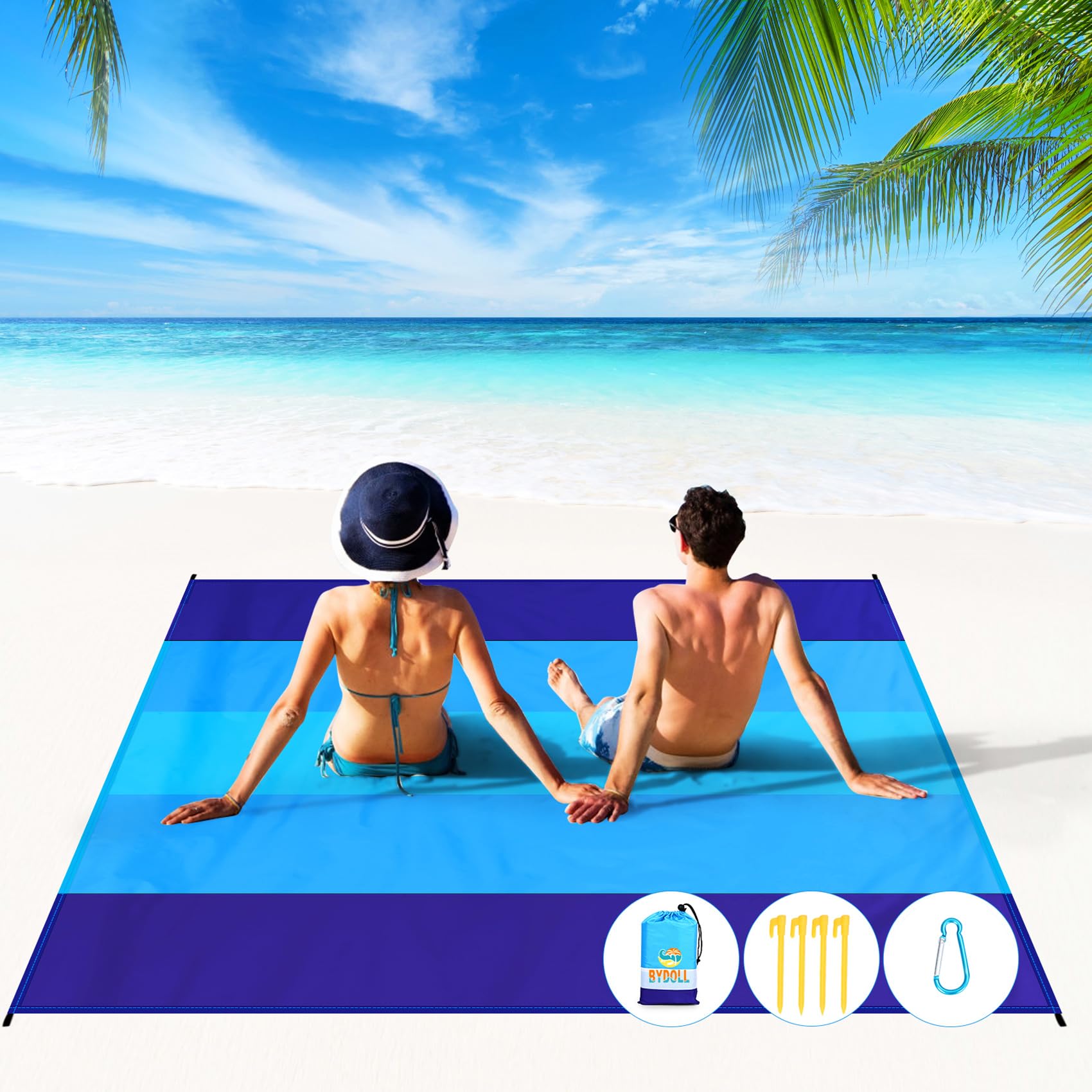 BYDOLL Beach Blanket 78''x81'' 4-7 Adults Oversized Lightweight Waterproof Sandproof Beach Blanket Large Picnic Mat for Travel Camping Hiking Picnic(78" X 81", Blue-Mixed)