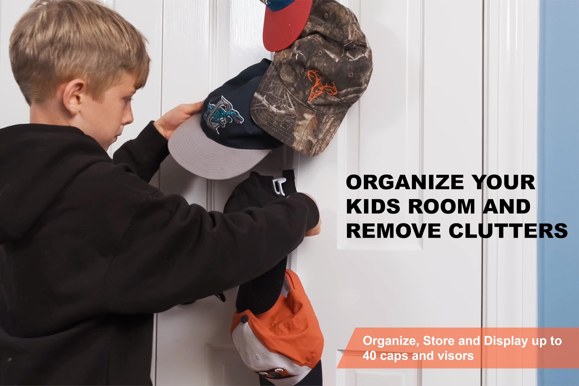 Perfect Curve CapRack | Over-The-Door Hat Organizer for Baseball Caps | 2 Straps, Holds 18-36 Adjustable Caps | Black