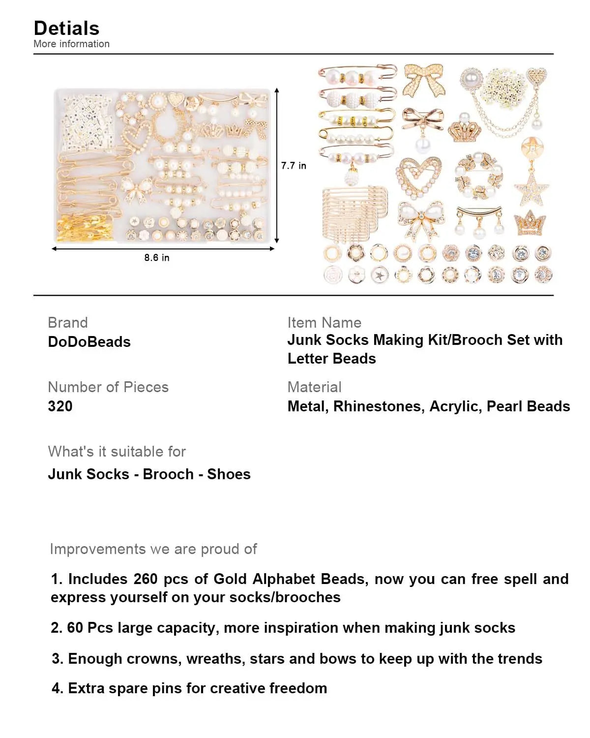 DoDoBeads 335 Pcs Junk Socks Charms Kit with Letter Beads, Gold Charm for Socks and Sneakers, Brooches and Pins for Women, Charms for Sock Safety Pin, Junk Charm with Pearl, Rhinestone,