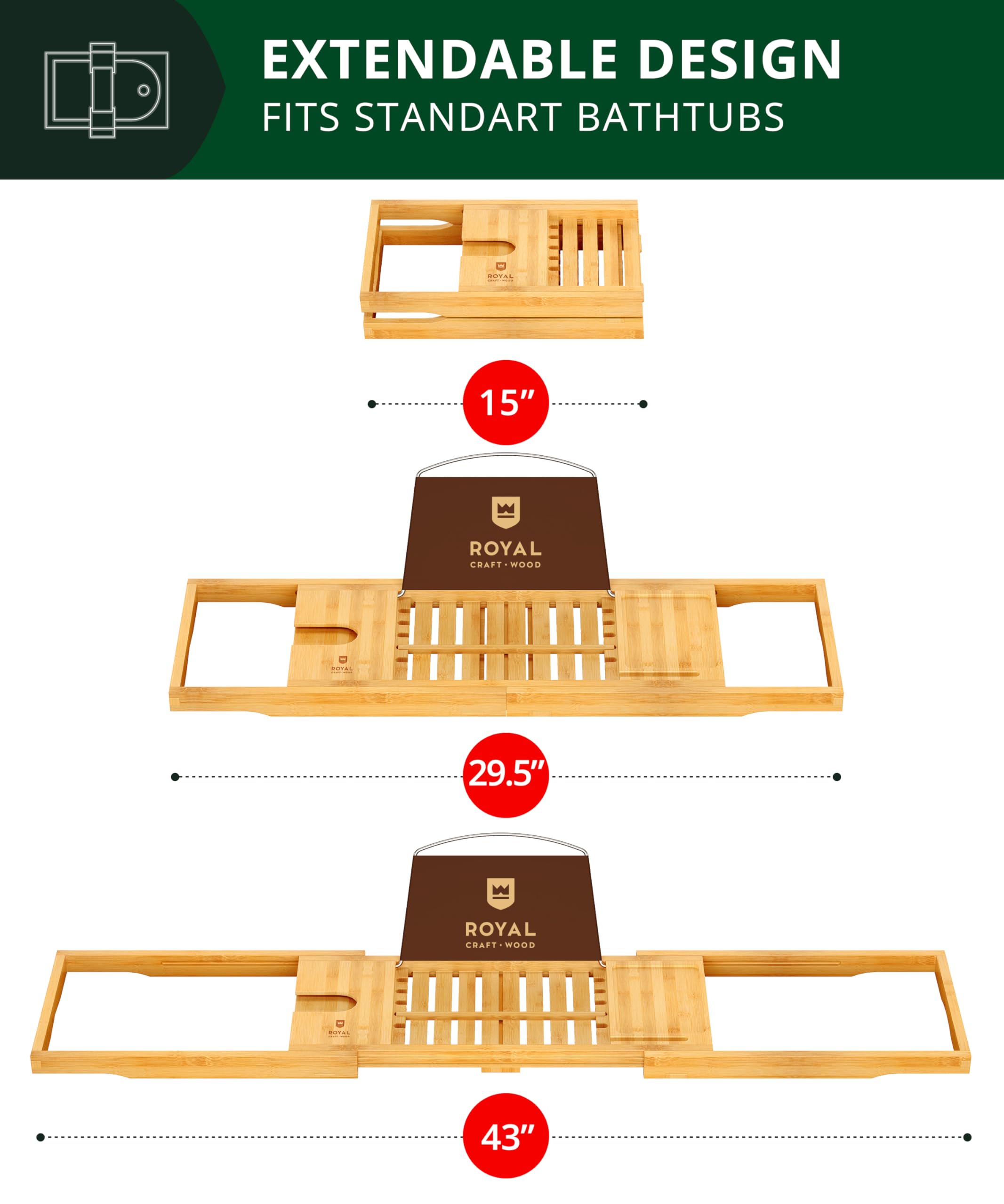 ROYAL CRAFT WOOD Premium Foldable Bathtub Tray Caddy - Wood Bath Tray for Tub, Bamboo Shelf, Expandable Bath Table Trays, Bathtub & Bathroom Accessories for New Home & Mothers, Birthday Gifts for Mom