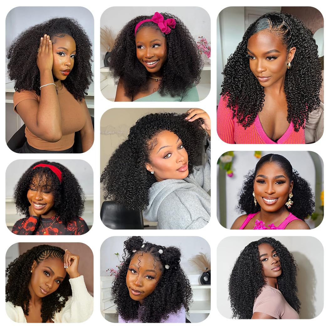 Kinky Curly Half Wig Human Hair 200 Density 3 In 1 Seamless Flip Over Half Wigs Human Hair Glueless Wear and Go Beginner Friendly Kinky Curly Wig Human Hair Drawstring Headband Wig for Women 20 Inch