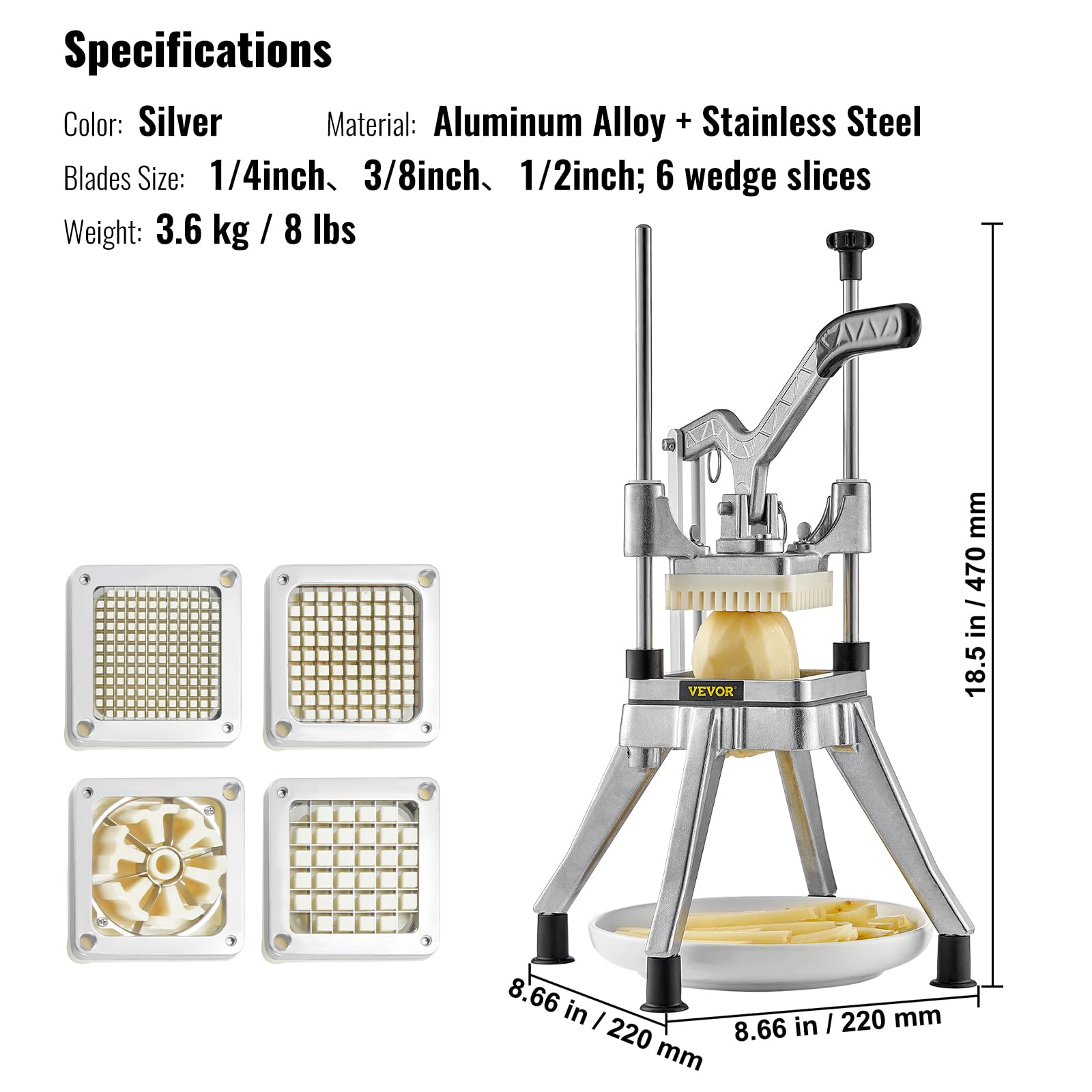 VEVOR Commercial Vegetable Chopper w/ 4 Replacement Blades, Stainless Steel French Fry Cutter Potato Dicer & Fruit Slicer for Restaurants & Home Kitchen