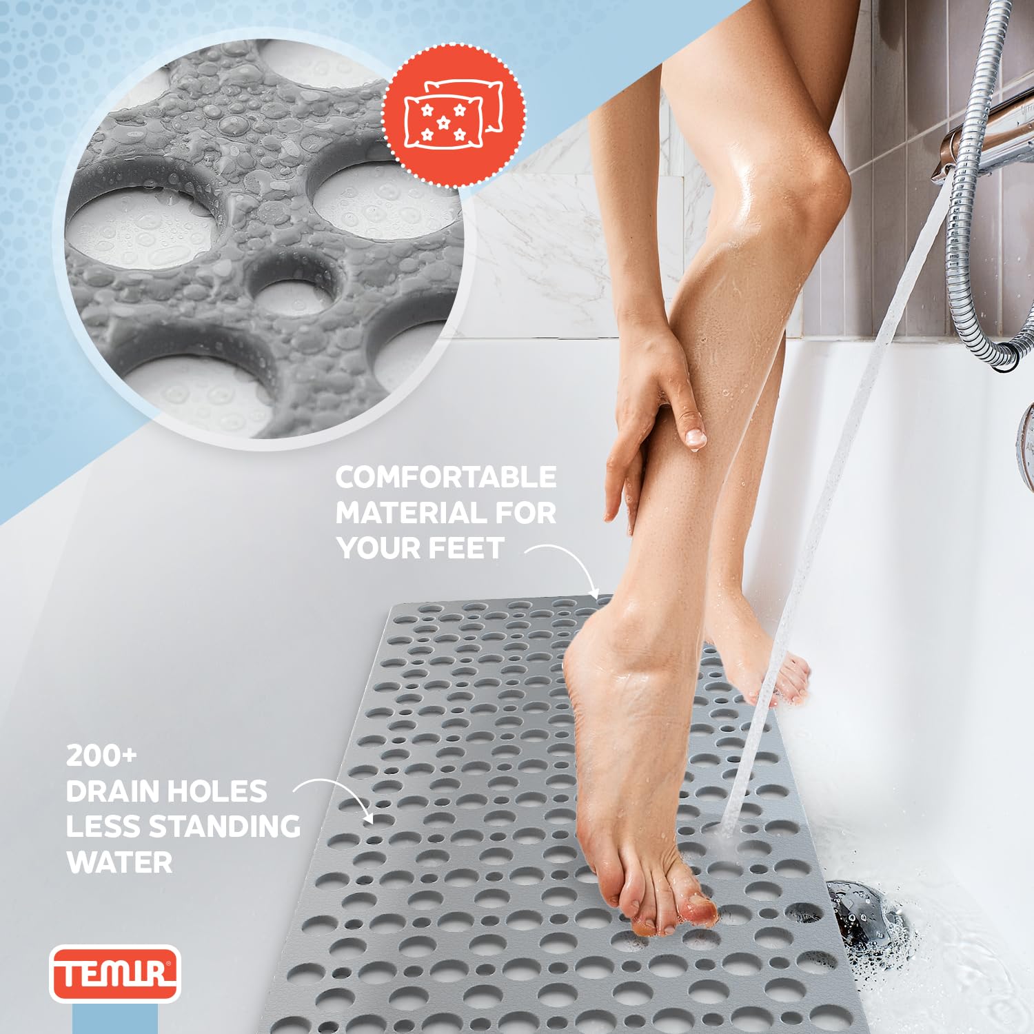 TEMIR Non Slip Bath Mat and Shower Mat with Suction Cups and Drain Holes, 30x17 in (75x43 cm), Soft Machine Washable Non Slip Bathtub mat, Shower Mats for Inside Shower, Easy Dry&Cut (Gray)