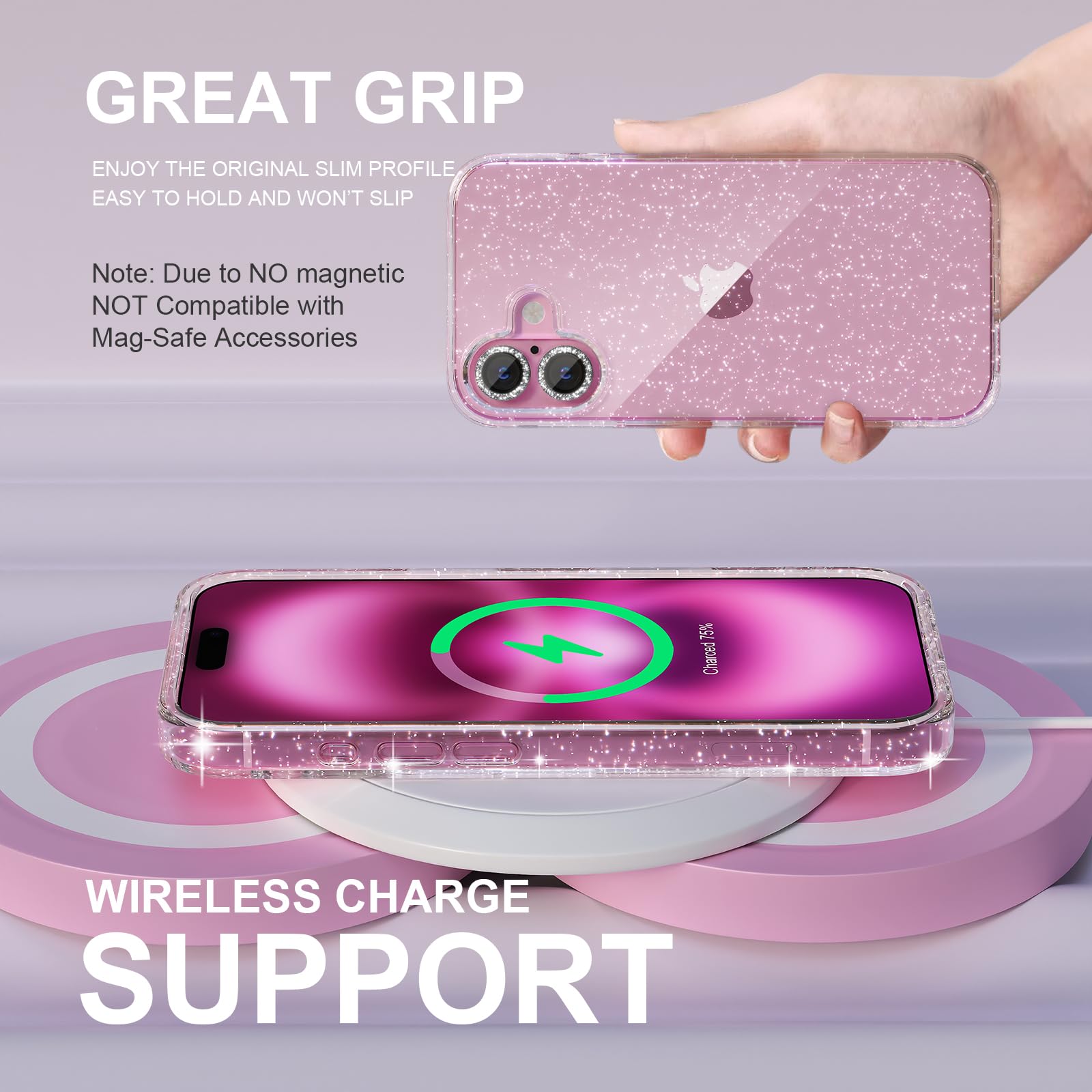 Choiche Compatible for iPhone 16 Plus Case Women Phone Case, Cute Bling Sparkly, Military Grade Drop Protection, 2 Diamond Camera Lens Covers, 2 Tempered Glass Protectors, 6.7 inch (Glitter Clear)