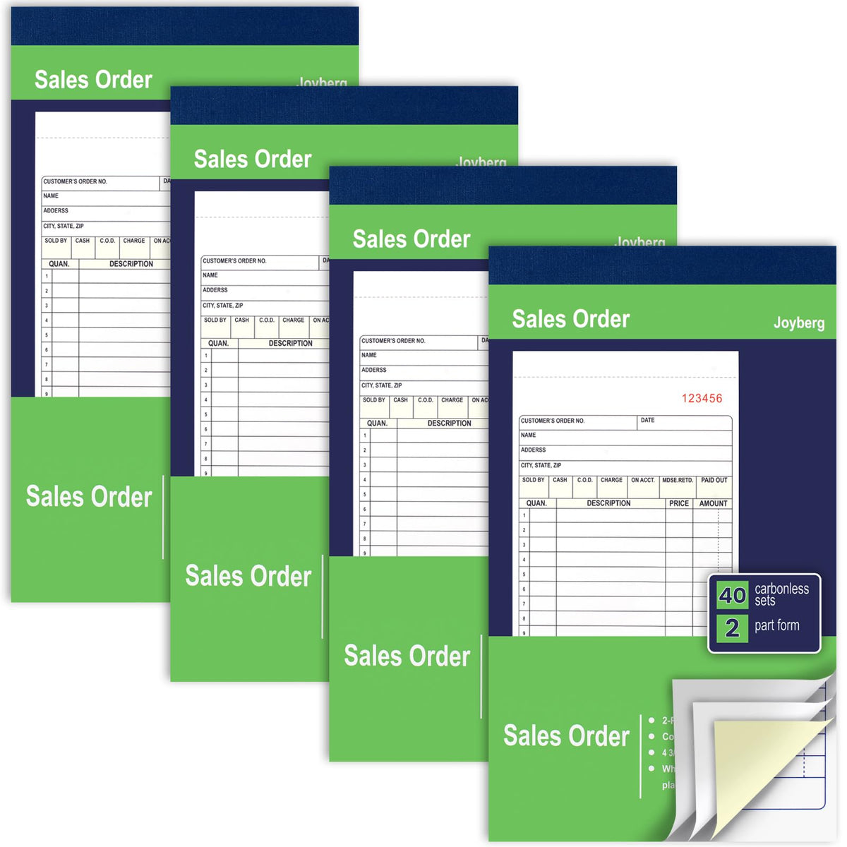 Joyberg 4 Pack Receipt Book, 4.17inx7.2in Receipt Book with Carbon Copies, 2-Part Carbonless(White and Yellow), 40 Sets Per Book, Order Book for Small Business