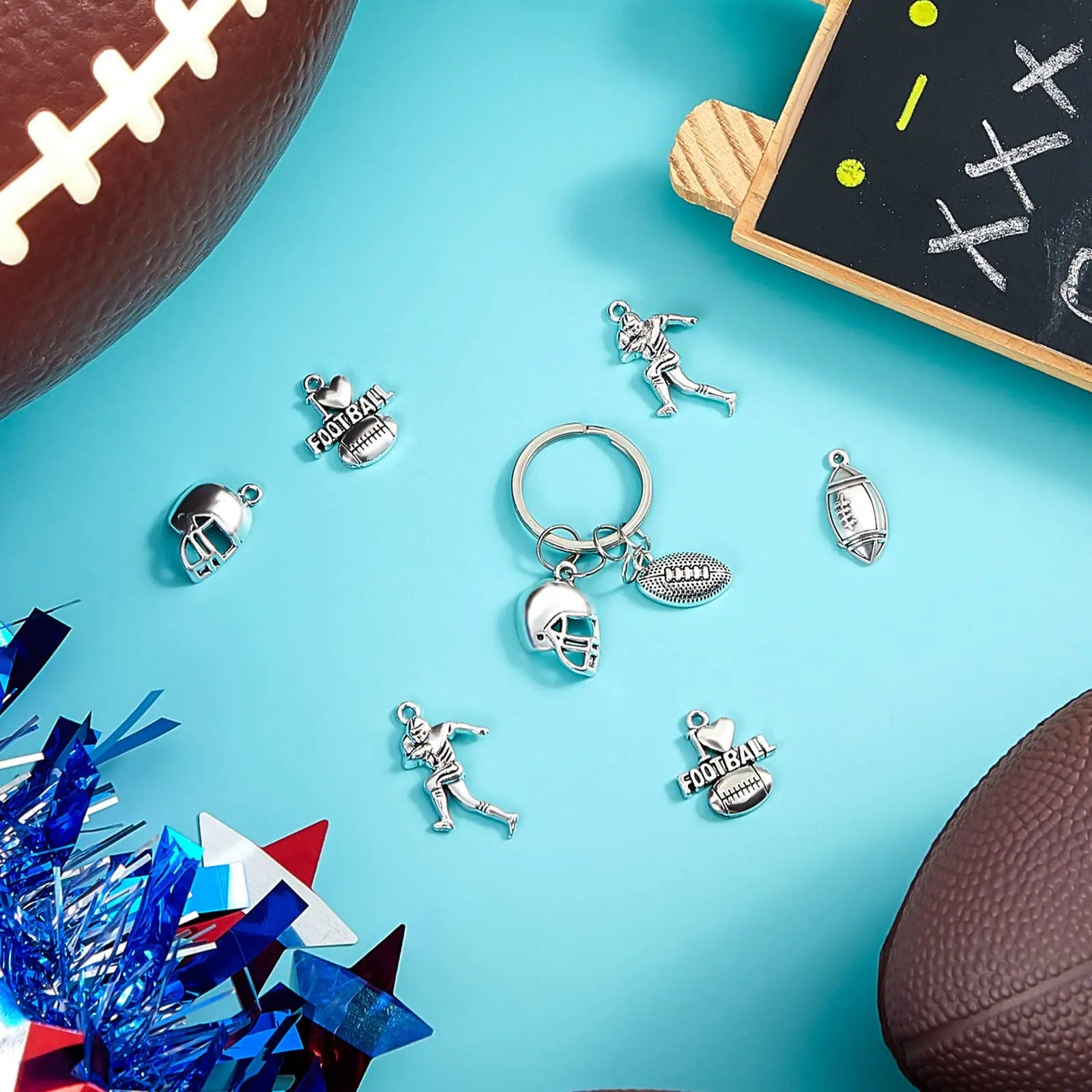 Blulu 70 Pcs Football Charms Mixed Silver Football Player's Bat Beads Pendants Necklace Crafting Sport Charms Jewelry Making Findings Accessory DIY Necklace Bracelet