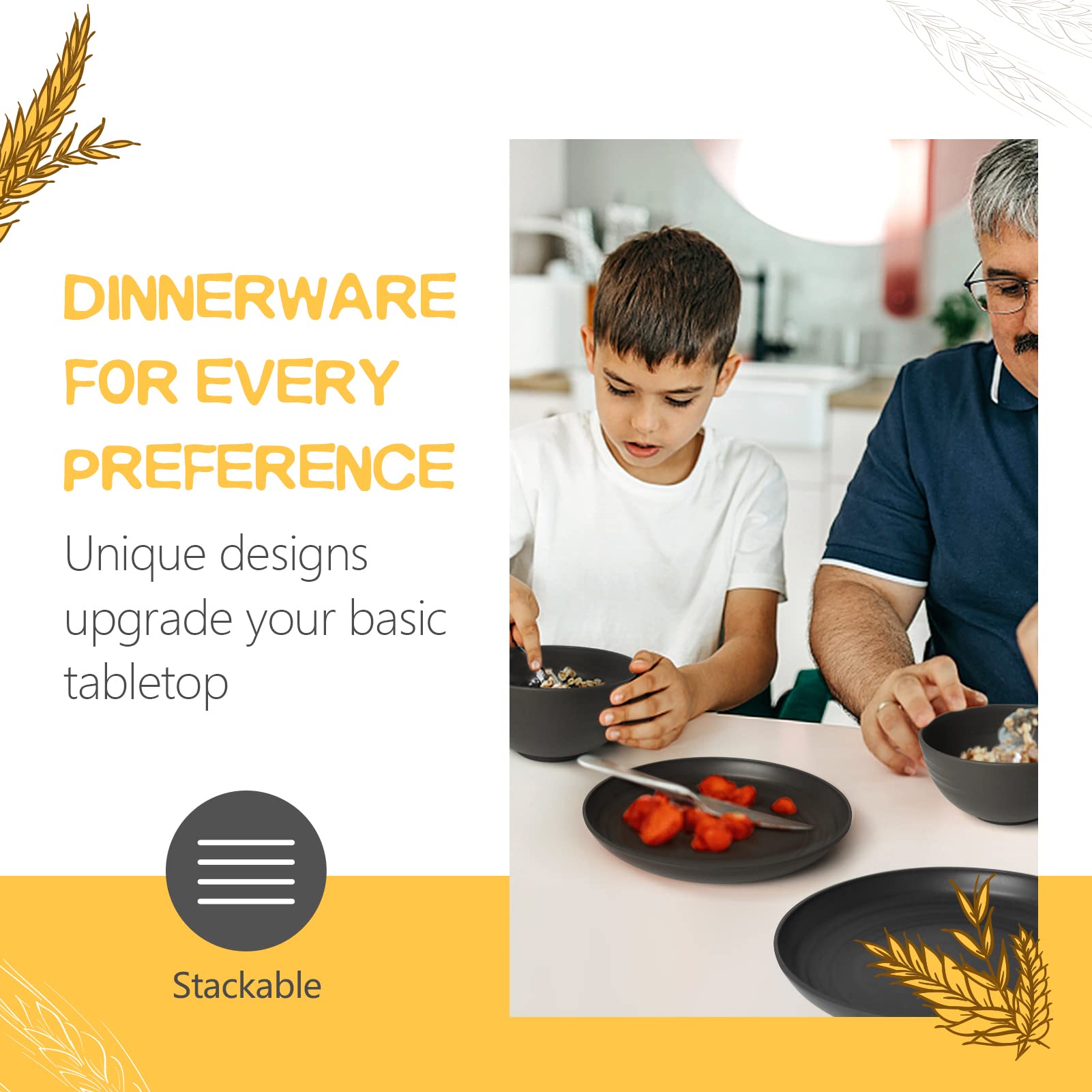 Teivio 32-Piece Kitchen Plastic Wheat Straw Dinnerware Set, Service for 8, Unbreakable Modern Dish Set - Dinner Plate/Dessert Plate/Cereal Bowl/Cup, for Apartment Essentials, Outdoor Camping,Black