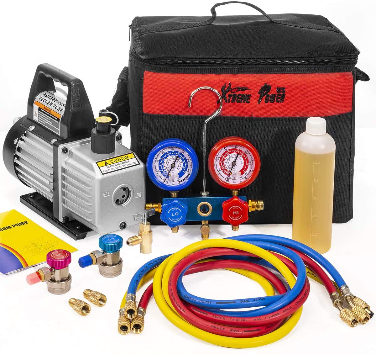 XtremepowerUS HVAC Air Vacuum Pump 3CFM 1/4HP (R134a R12 R22 R410a) A/C Refrigeration AC Manifold Gauge R134 Can-Tap Included Carrying Tote