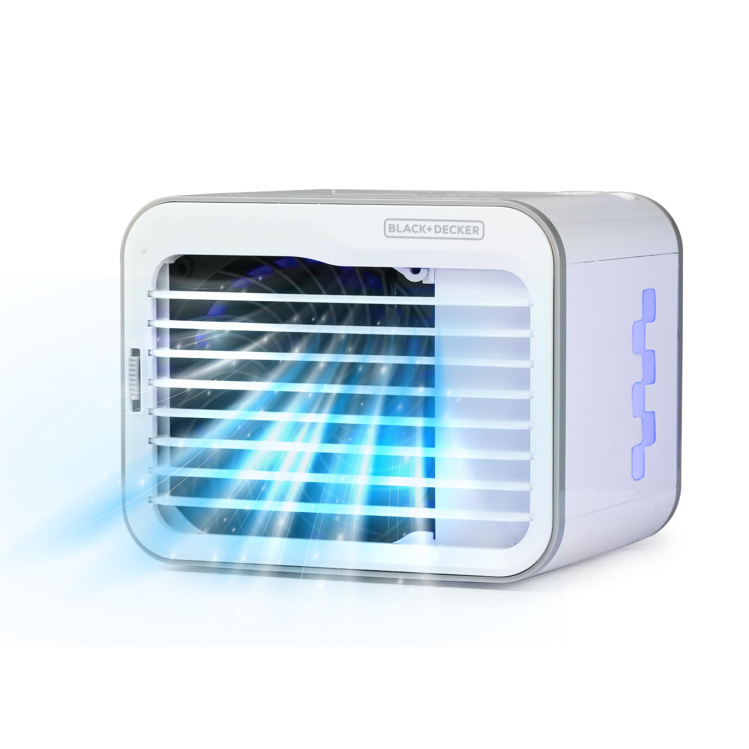 BLACK+DECKER Desktop Air Cooler, Personal Portable Fan with 3-Speeds, Evaporative Air Cooler with 0.5L Water Tank, Air Cooler Fan for Desk, Home, Office, Bedroom, and more, BDMC10, White/Gray