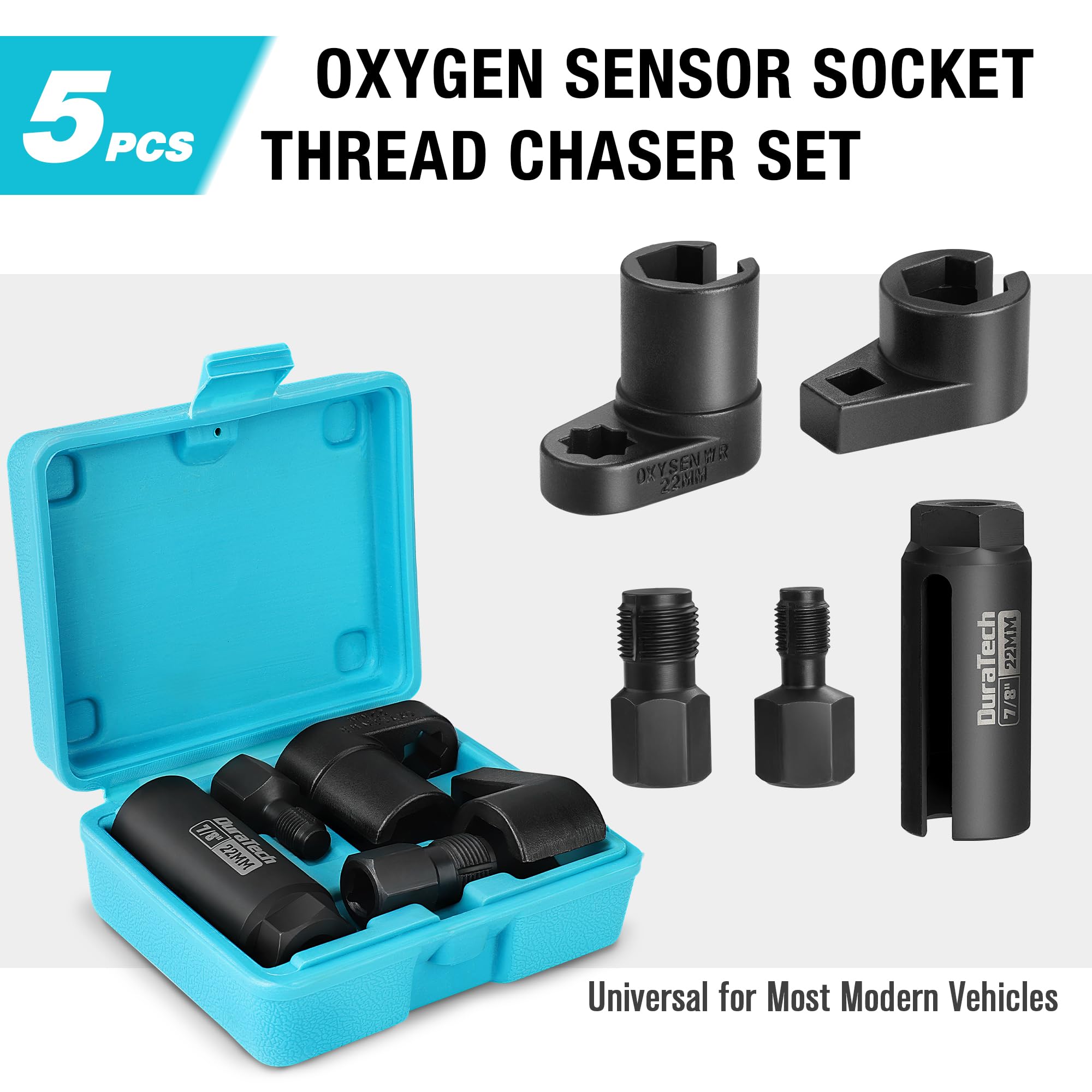 DURATECH 5PCS O2 Oxygen Sensor Socket Thread Chaser Set, 3/8" 1/2" Drive x 7/8" 22mm Oxygen Sensor Remover O2 Sensor Removal Tool Kit