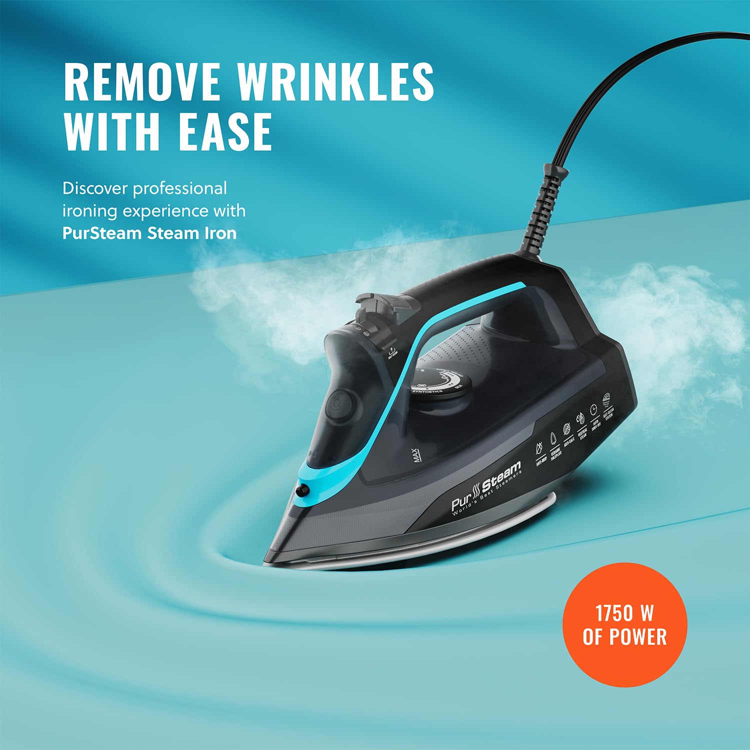 Pursteam SteamBurst+ 1750W Steam Iron, Ceramic Soleplate, Adjustable Steam, Burst of Steam, Self-Clean, Anti-Calc, Anti-Drip, Powerful & Long-Lasting Steam for All Fabrics