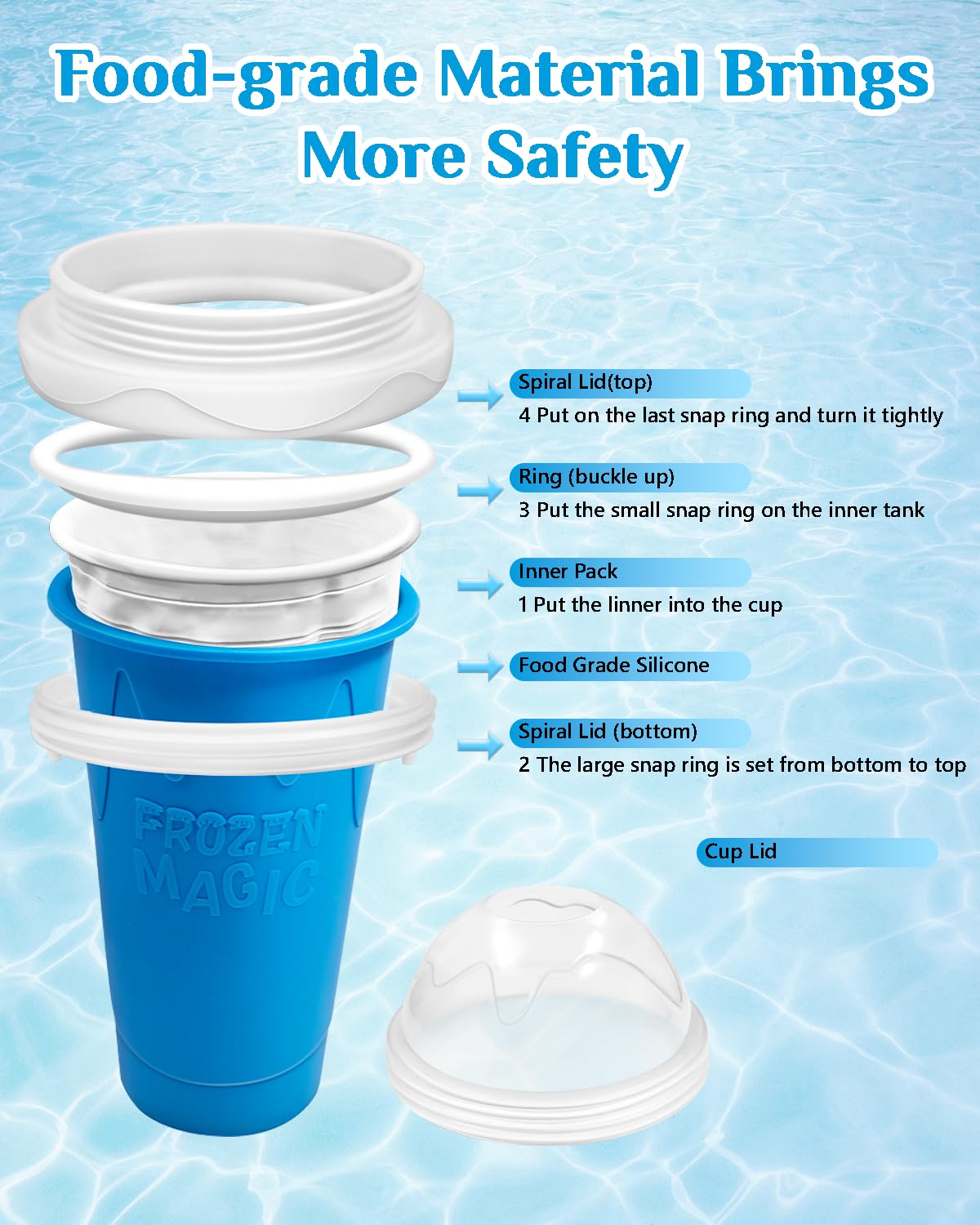 Bollove Slushy Maker Cup, DIY Magic Slushy Maker Squeeze Cup, Portable Smoothie Squeeze Cup for Juices, Milk and Ice Cream Make, Double Layers Silica Cup with Lid & Straw (Blue), 7.87*4.33in