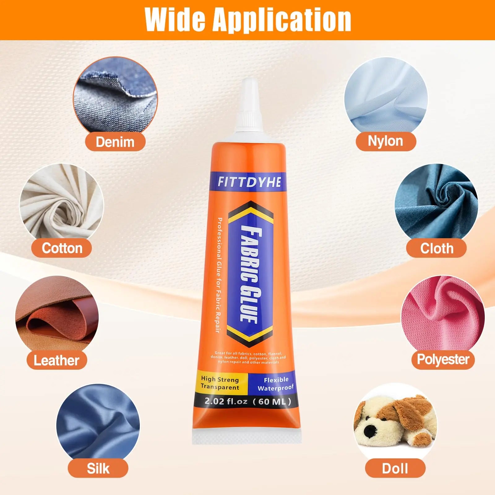 FITTDYHE Fabric Glue Permanent, 60 ML Washable Clear Clothing Glue, Super Fabric Adhesive for Rhinestones, Patches, Clothes, Denim, Leather, Polyester, Fabrics, Doll Repair, Flannel, Cotton