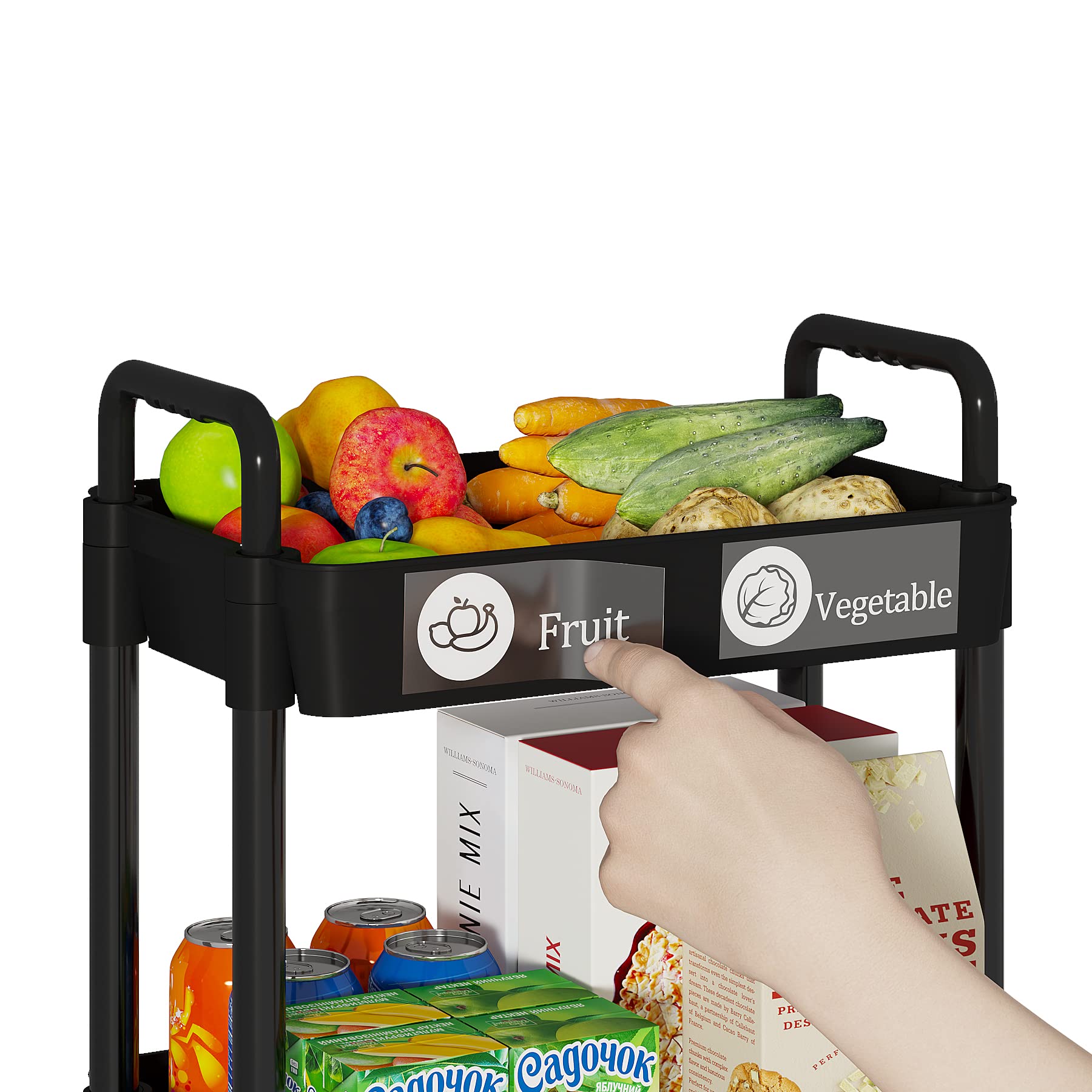 Laiensia 3-Tier Kitchen Storage Cart,Multifunction Utility Rolling Storage Organizer,Mobile Shelving Unit Cart with Lockable Wheels for Bathroom,Laundry,Living Room,With Classified Stickers,Black